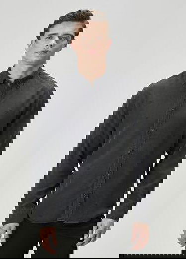 Comfort Fit Antrasit Nakışlı Denim Efektli Gömlek
