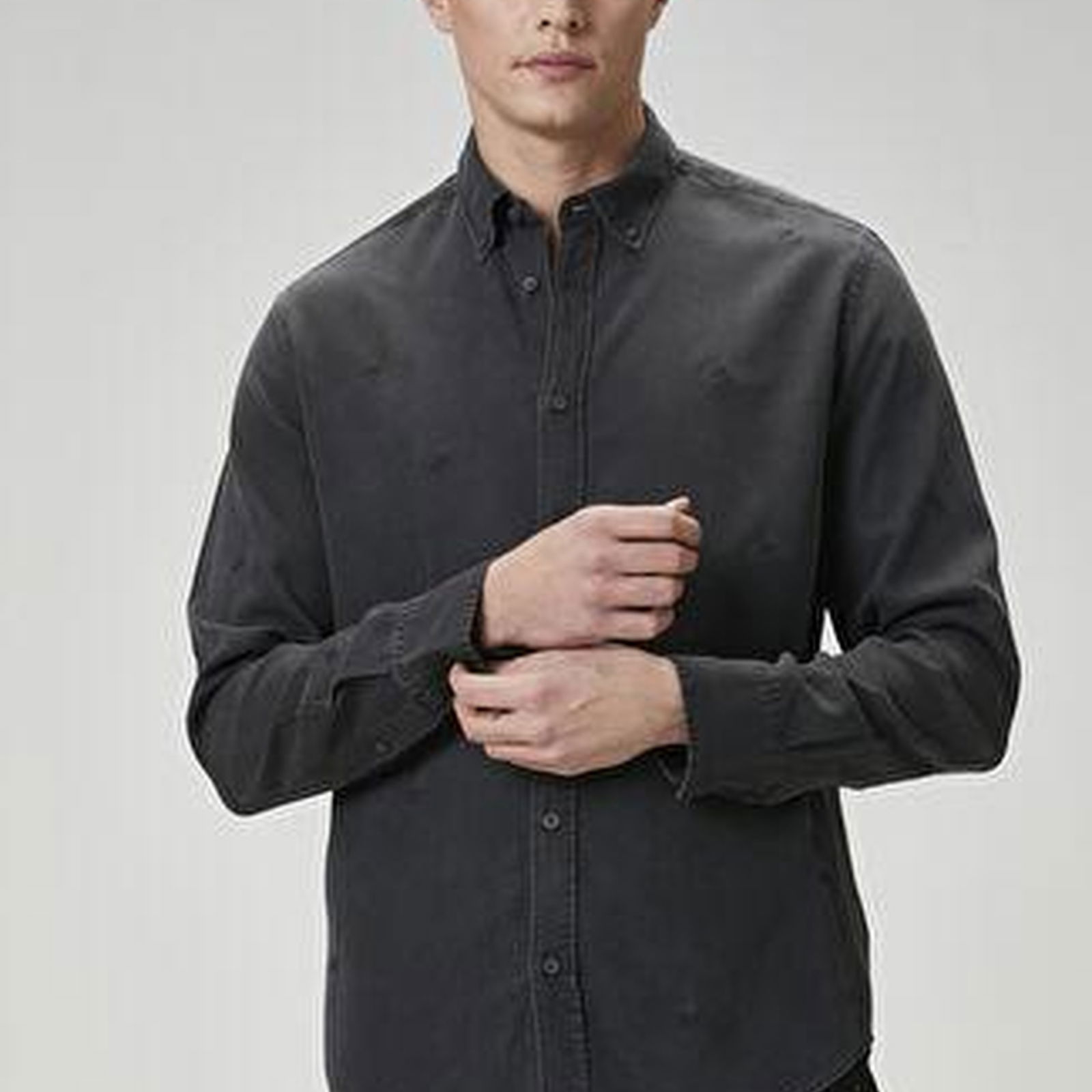 Comfort Fit Antrasit Nakışlı Denim Efektli Gömlek