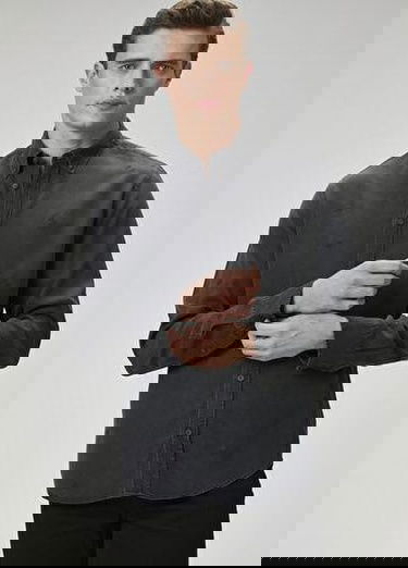  Comfort Fit Antrasit Nakışlı Denim Efektli Gömlek
