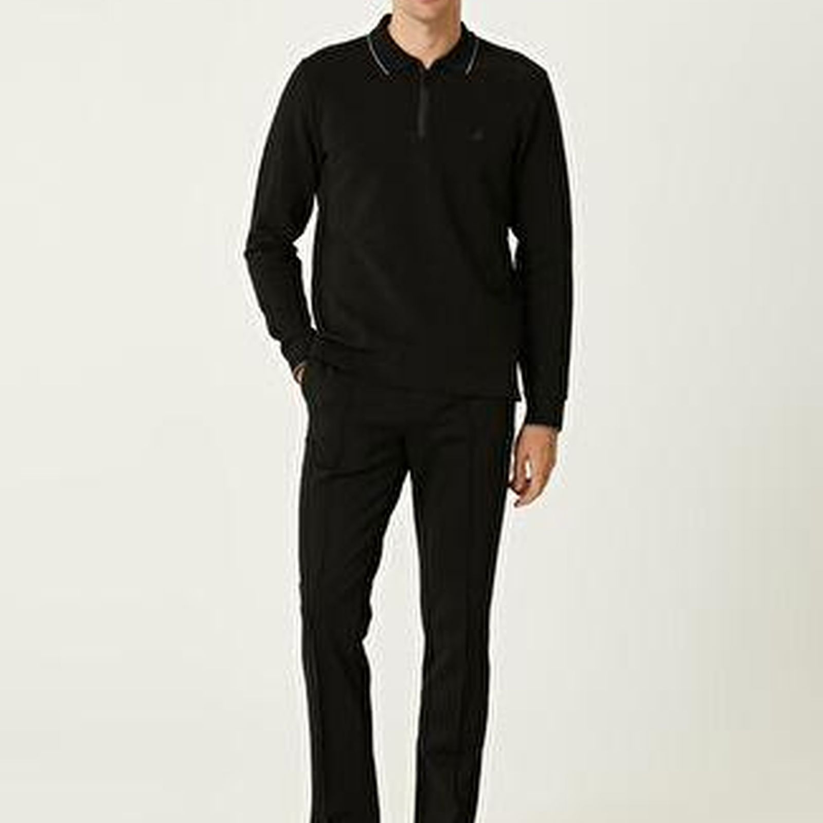 Slim Fit Siyah Polo Yaka Ottoman Dokulu Sweatshirt
