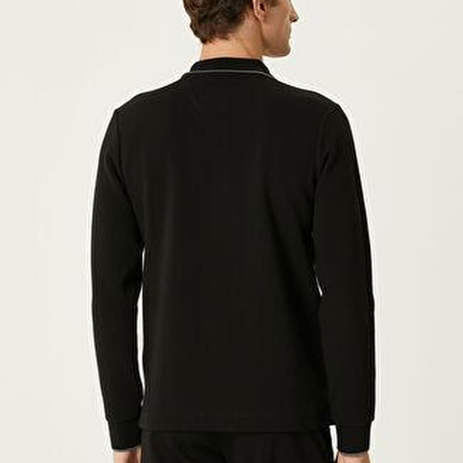 Slim Fit Siyah Polo Yaka Ottoman Dokulu Sweatshirt