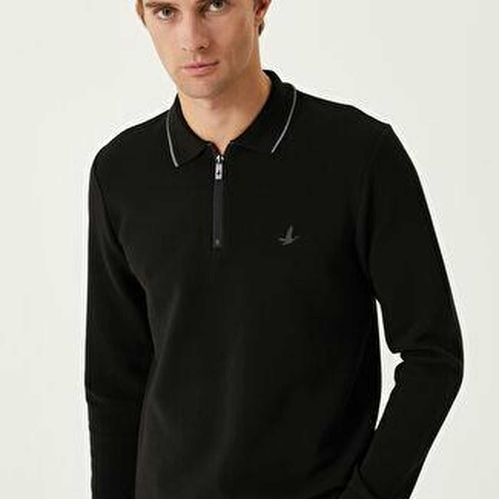 Slim Fit Siyah Polo Yaka Ottoman Dokulu Sweatshirt