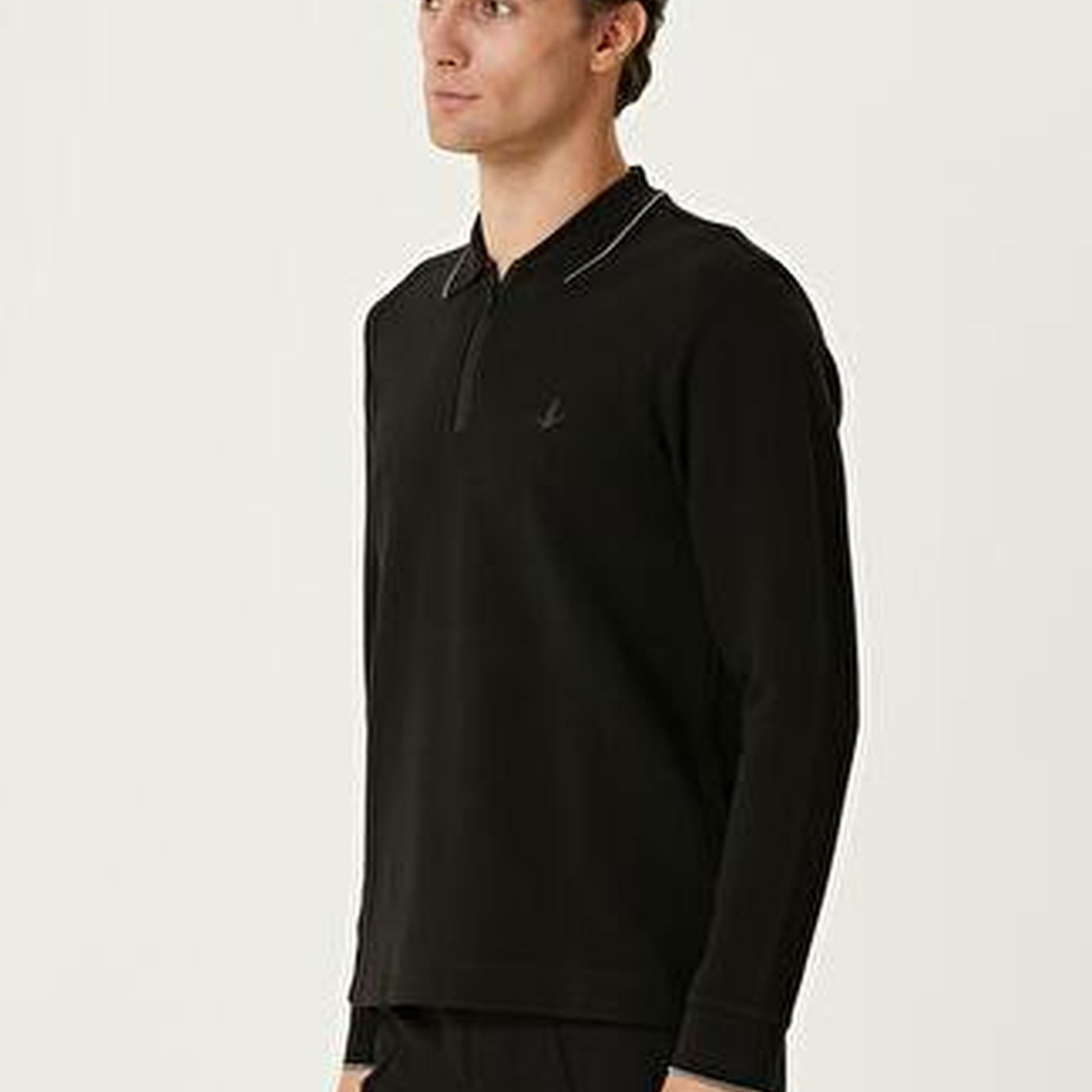 Slim Fit Siyah Polo Yaka Ottoman Dokulu Sweatshirt