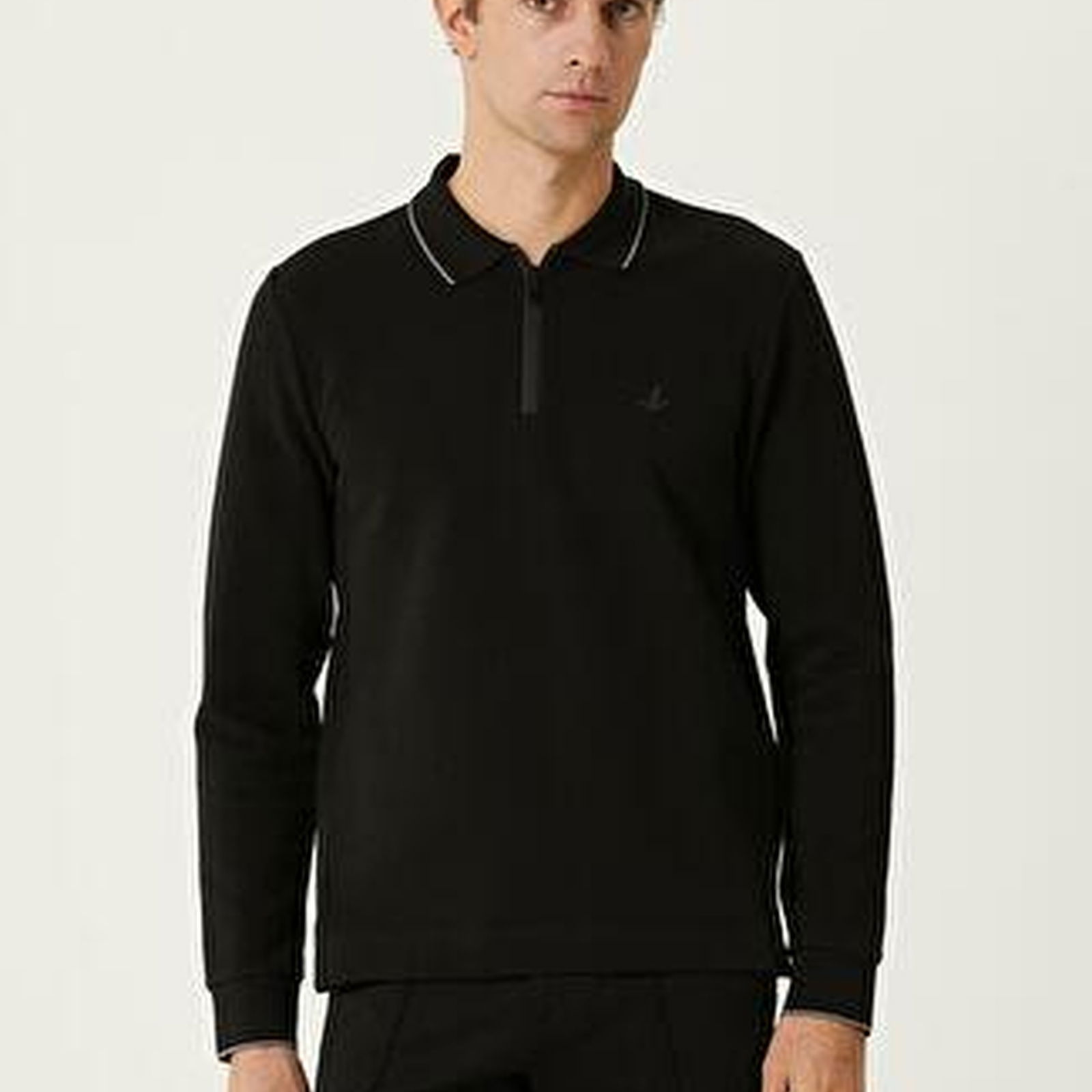 Slim Fit Siyah Polo Yaka Ottoman Dokulu Sweatshirt