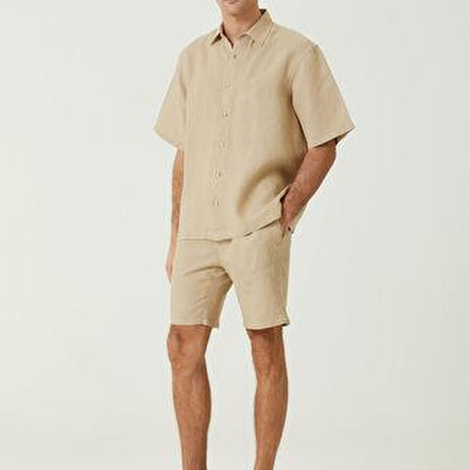 Comfort Fit Bej Kısa Kollu Keten Gömlek