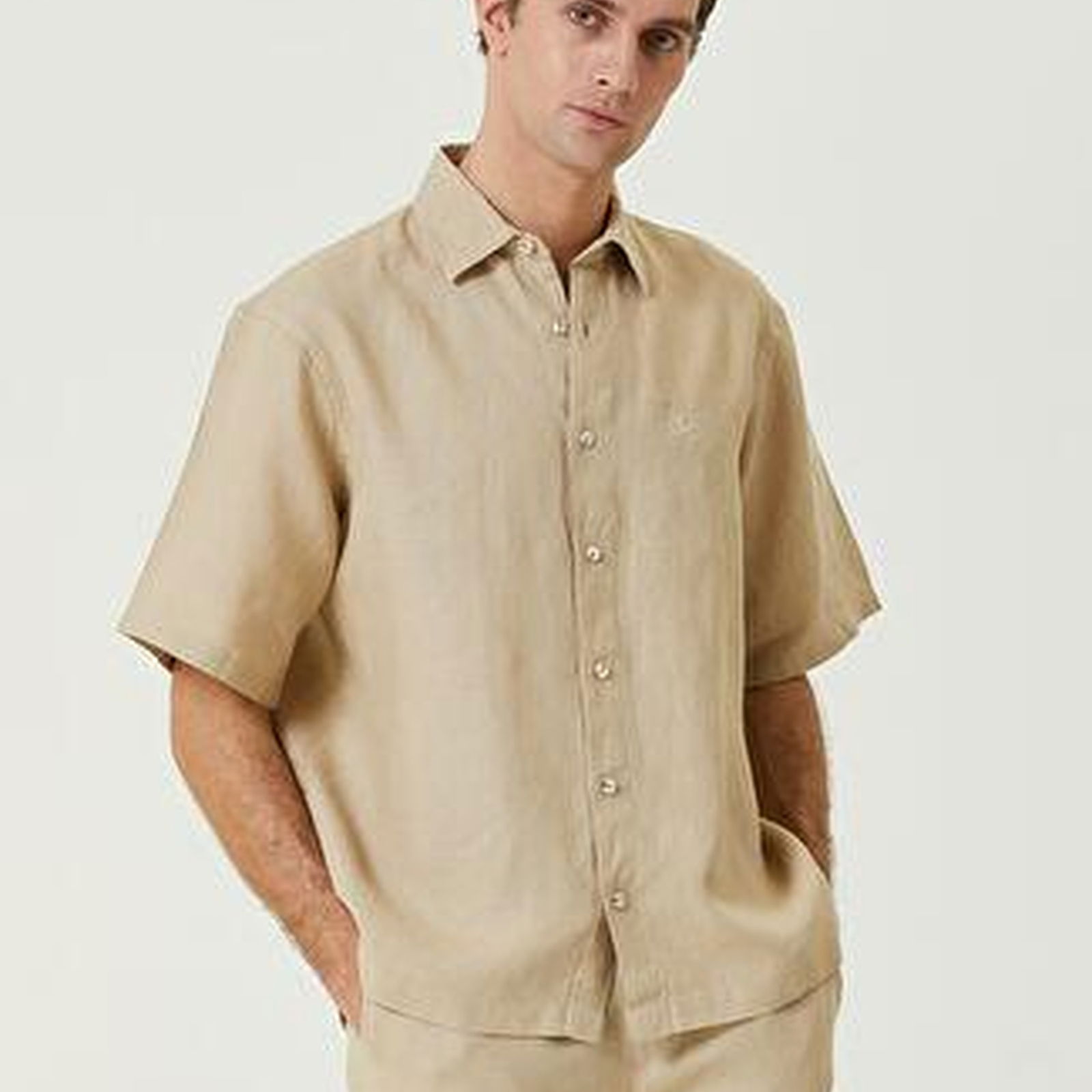 Comfort Fit Bej Kısa Kollu Keten Gömlek