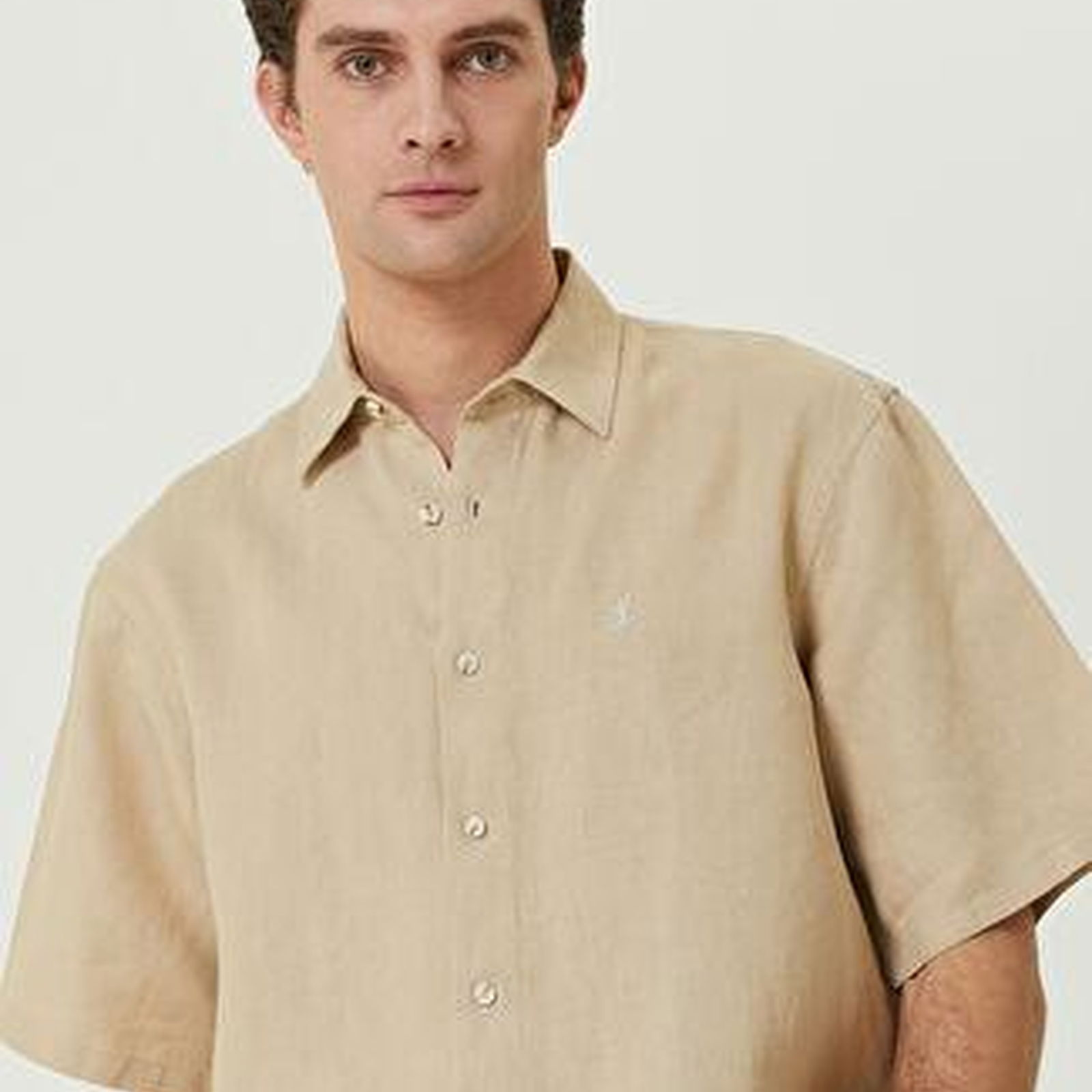 Comfort Fit Bej Kısa Kollu Keten Gömlek