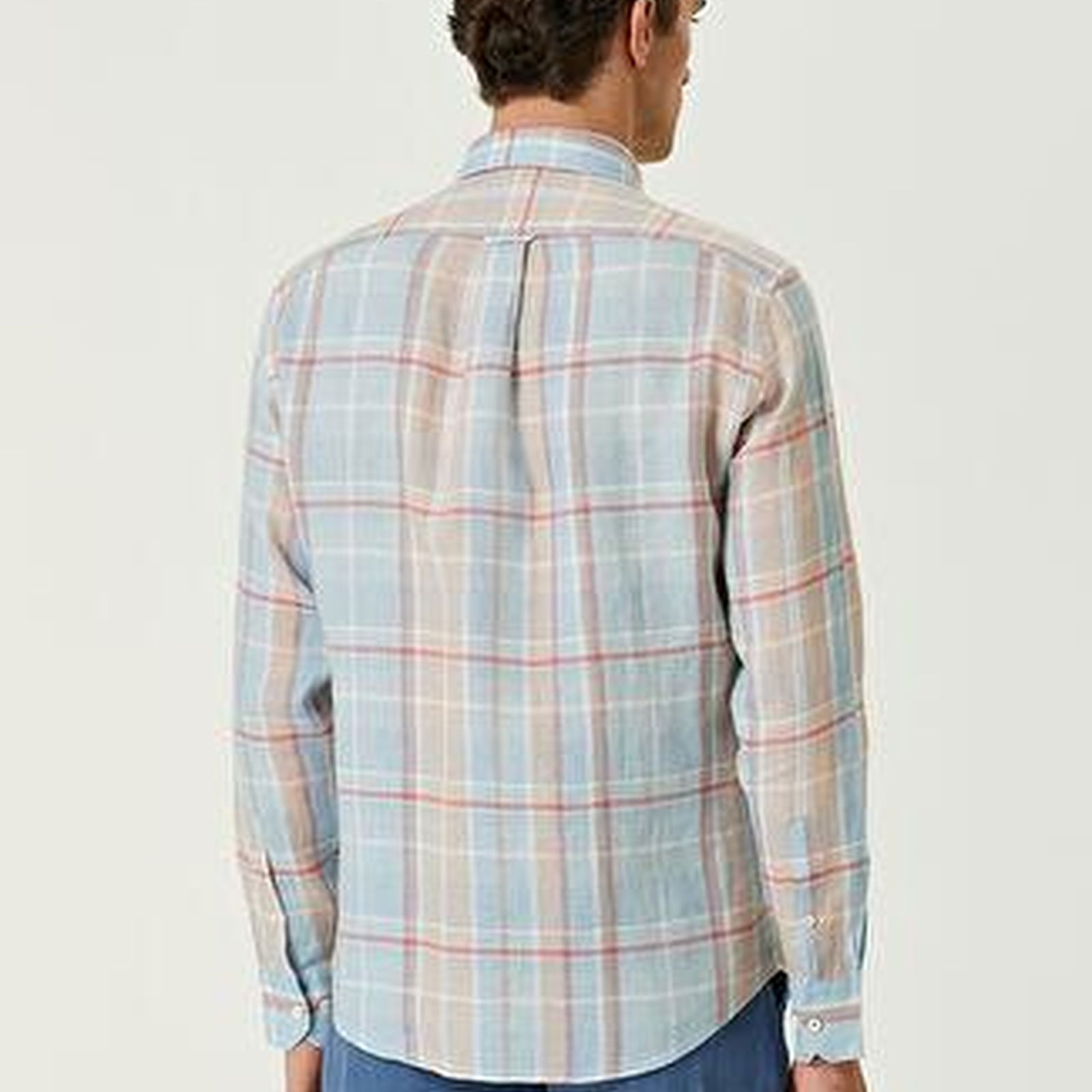 Comfort Fit Mavi Turuncu Ekoseli Keten Gömlek