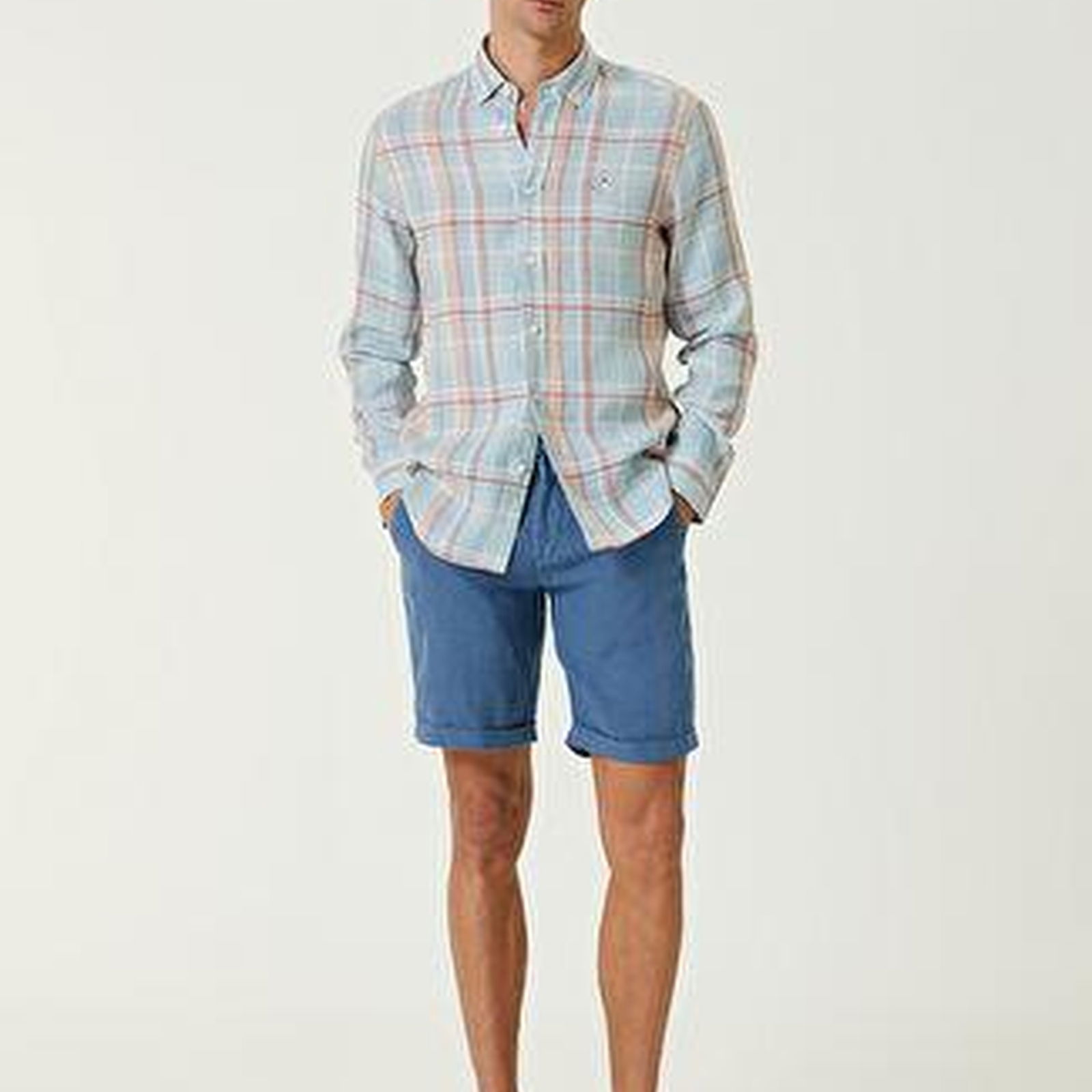 Comfort Fit Mavi Turuncu Ekoseli Keten Gömlek