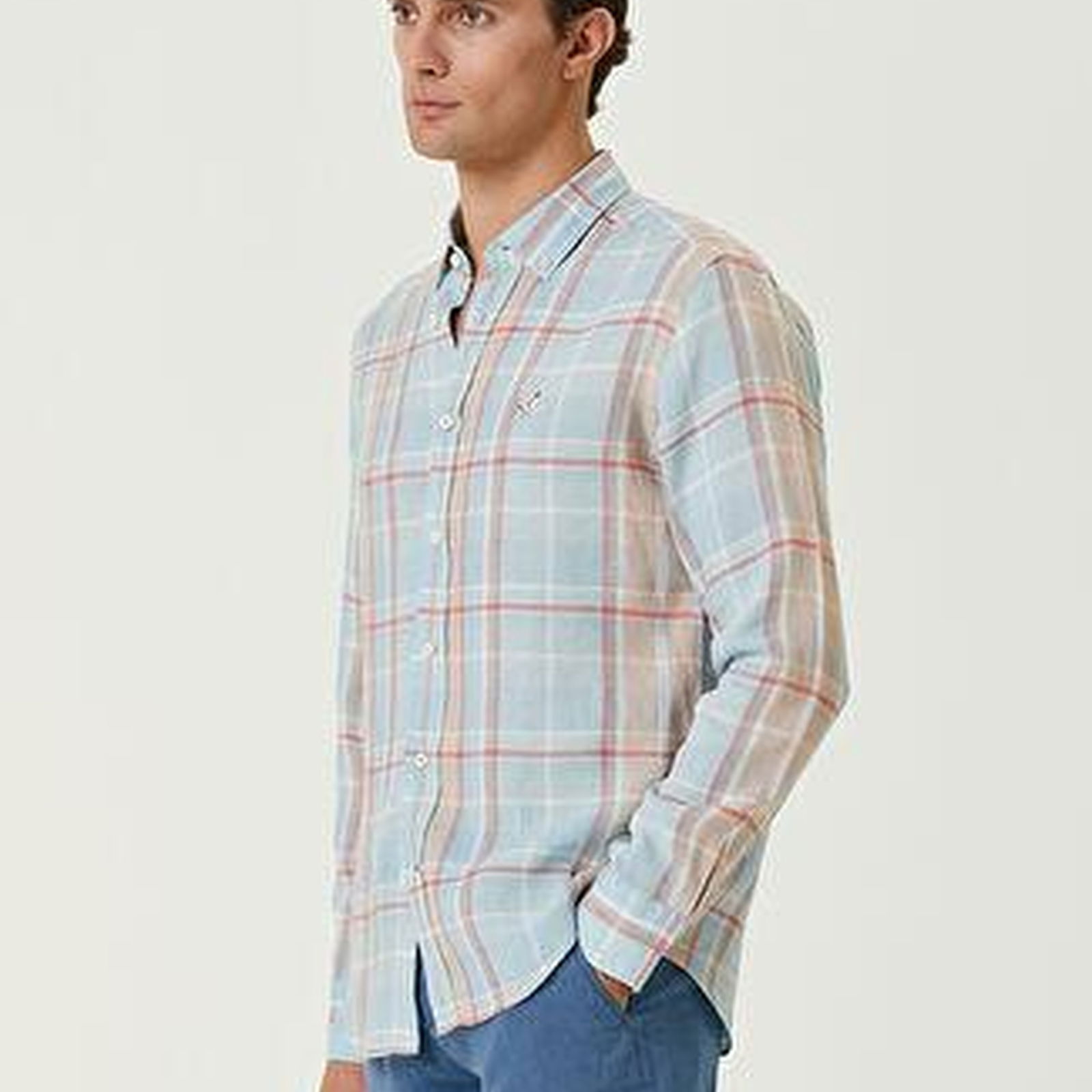 Comfort Fit Mavi Turuncu Ekoseli Keten Gömlek