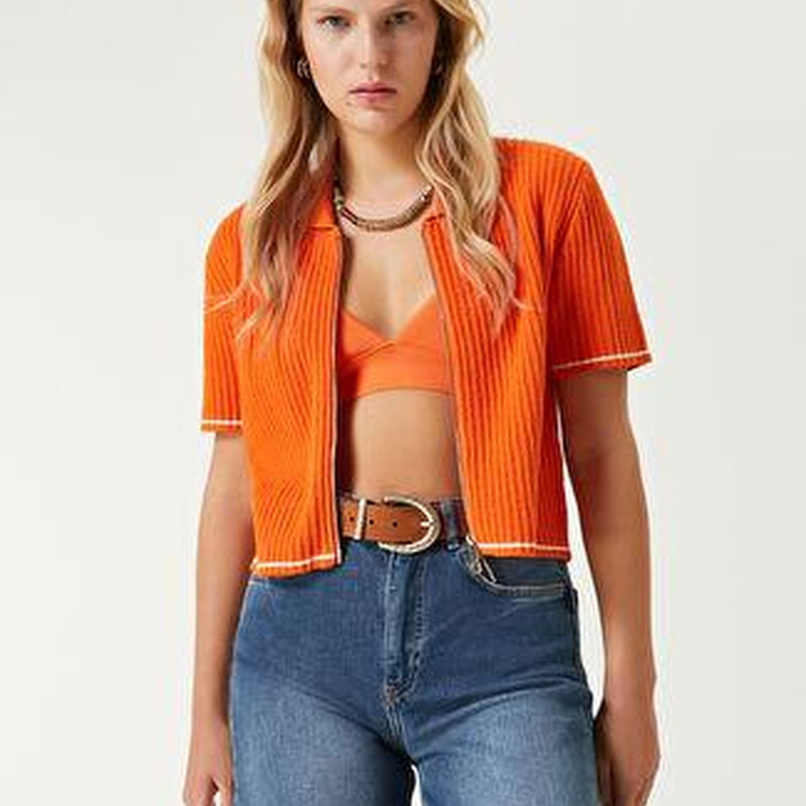 Turuncu Havlu Dokulu Crop Triko Hırka