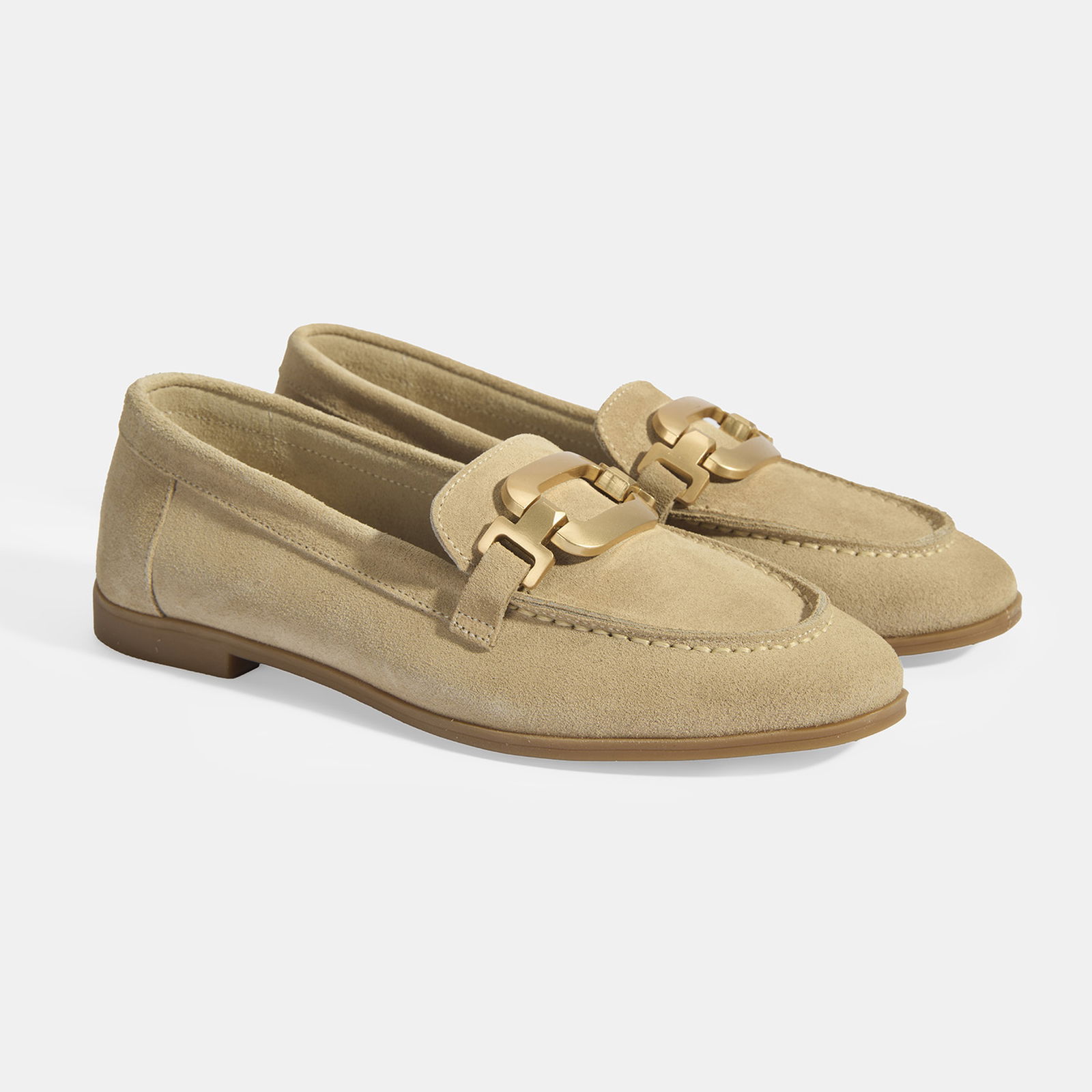 Kadın Krem Metal Aksesuarlı Süet Loafer