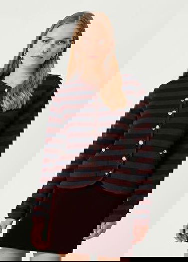  Beymen Club Kadin Bordo Lacivert Çizgili Triko Ceket