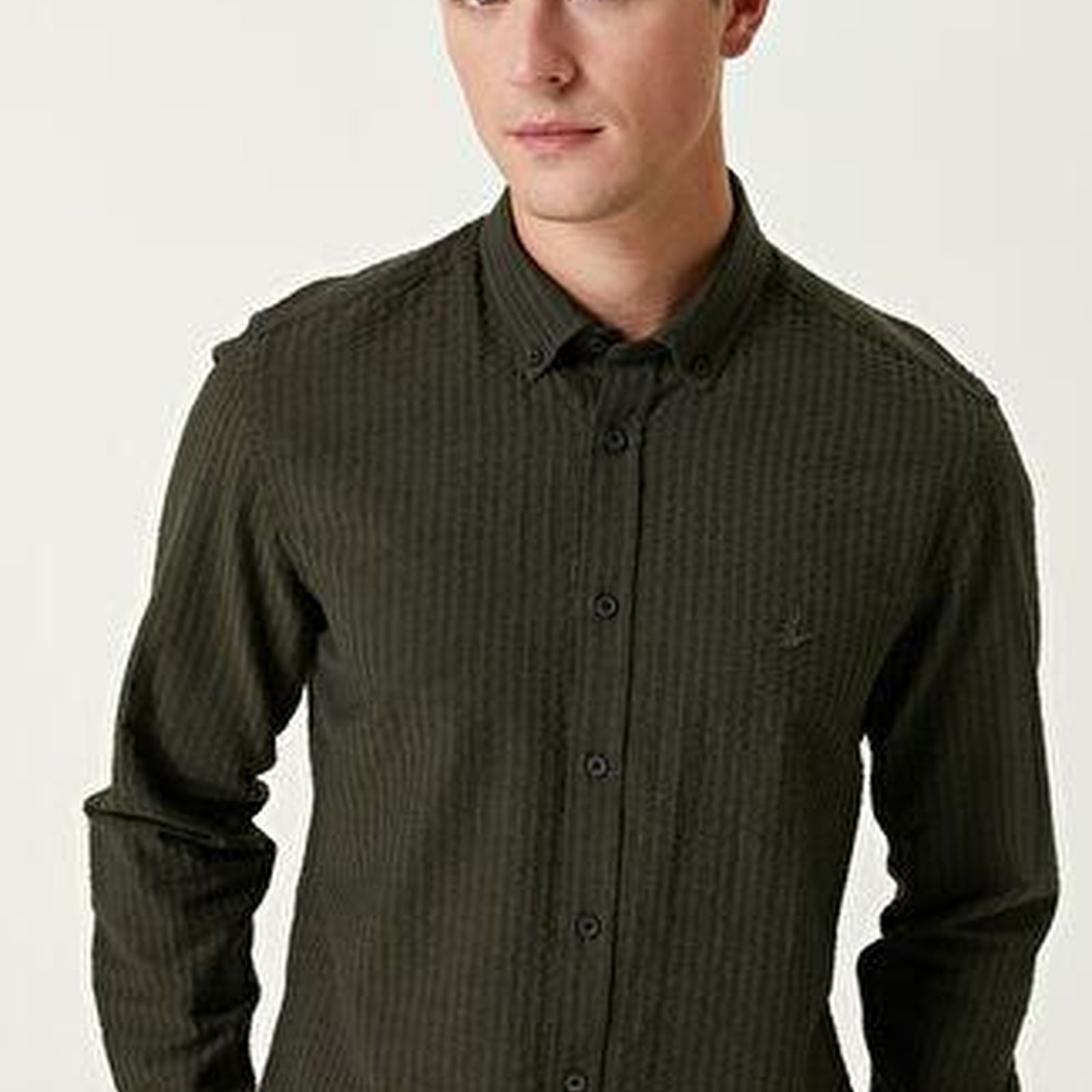 Beymen Club Erkek Slim Fit Haki Gofre Dokulu Gömlek