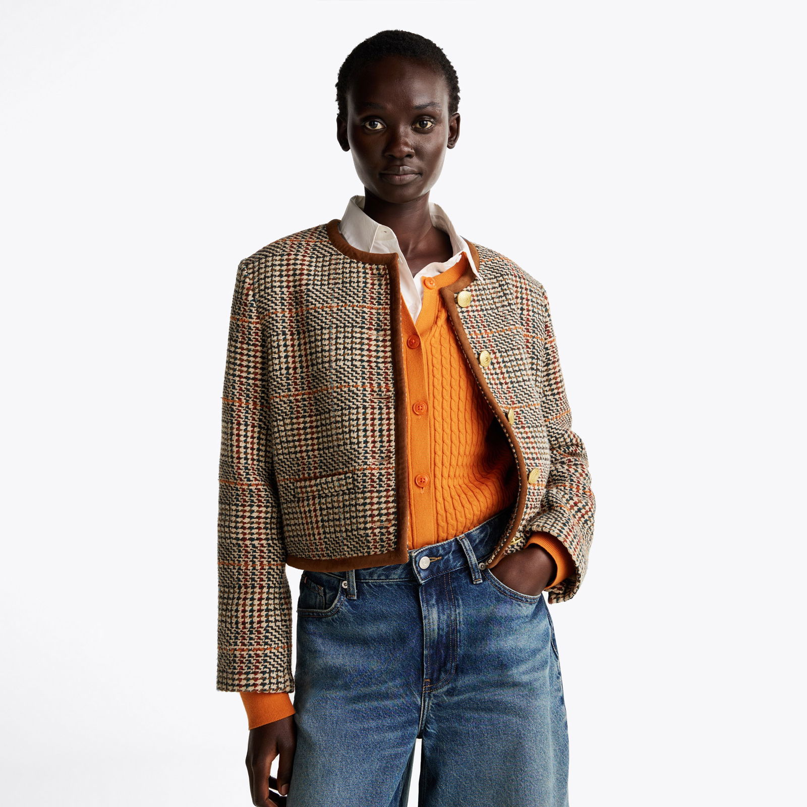Tommy Hilfiger Tweed Wool Mix Check Crew Kadın Kahverengi Ceket