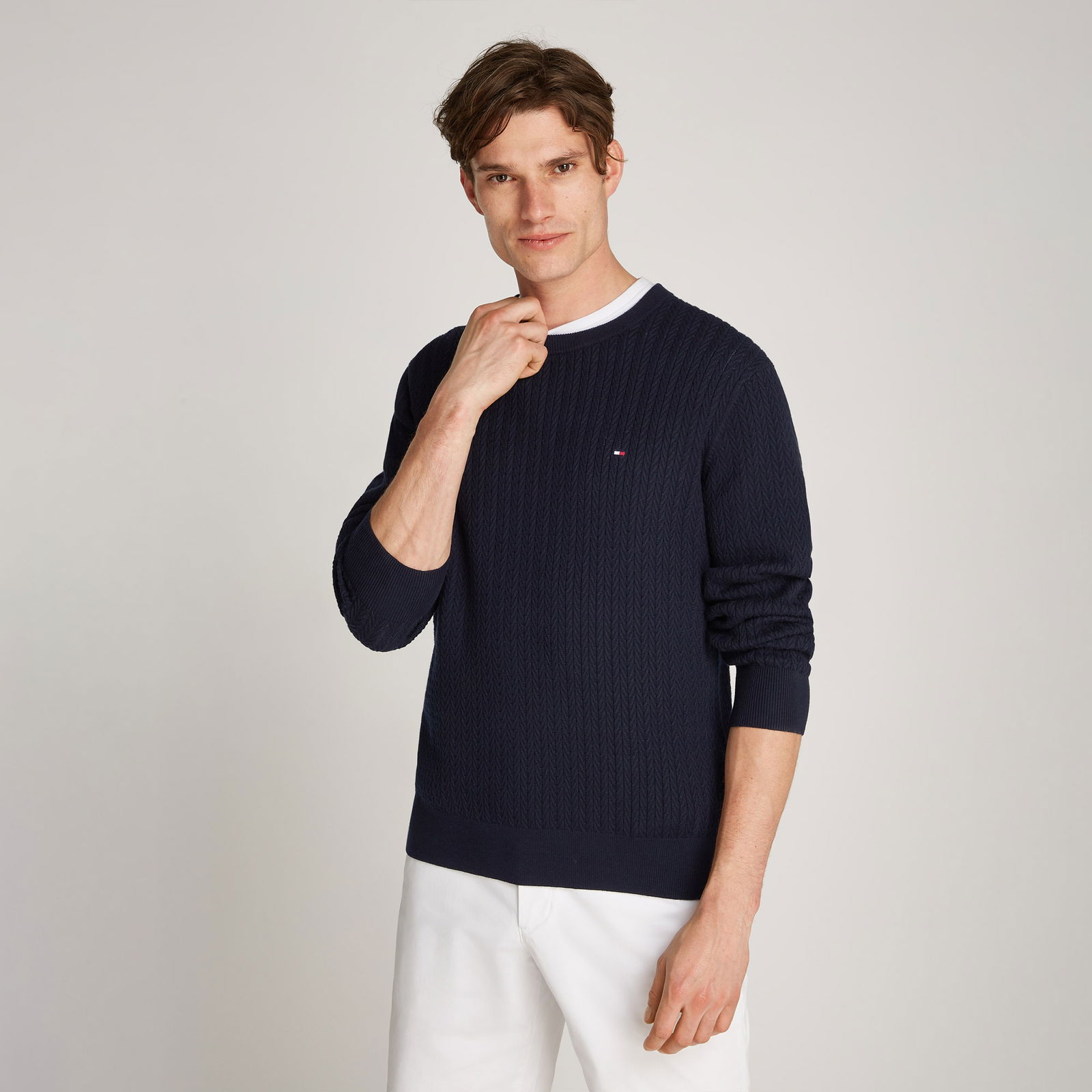Tommy Hilfiger Herringbone Structure C Nk Erkek Mavi Kazak