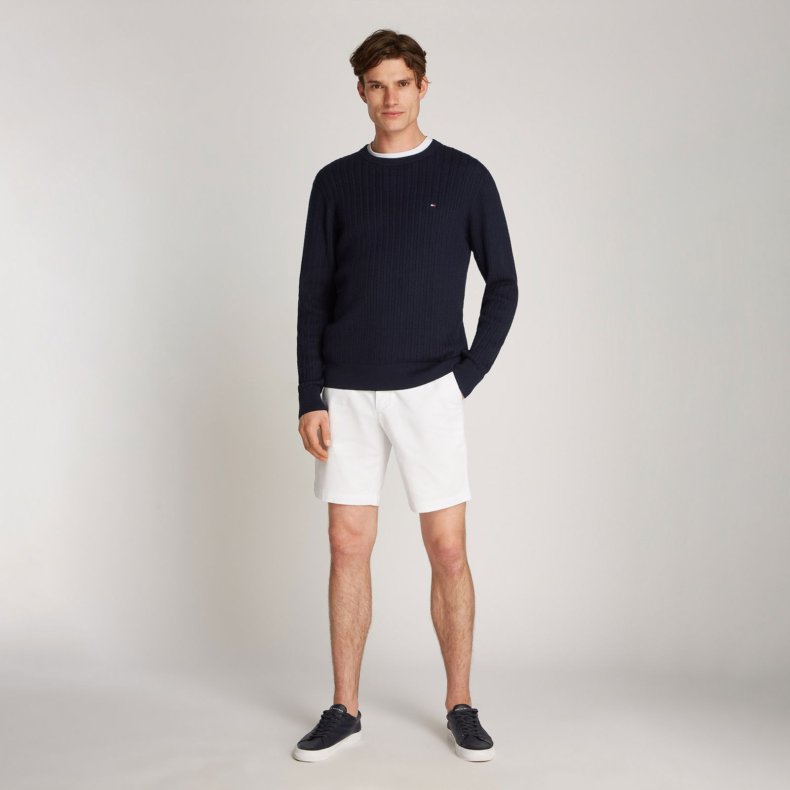 Tommy Hilfiger Herringbone Structure C Nk Erkek Mavi Kazak