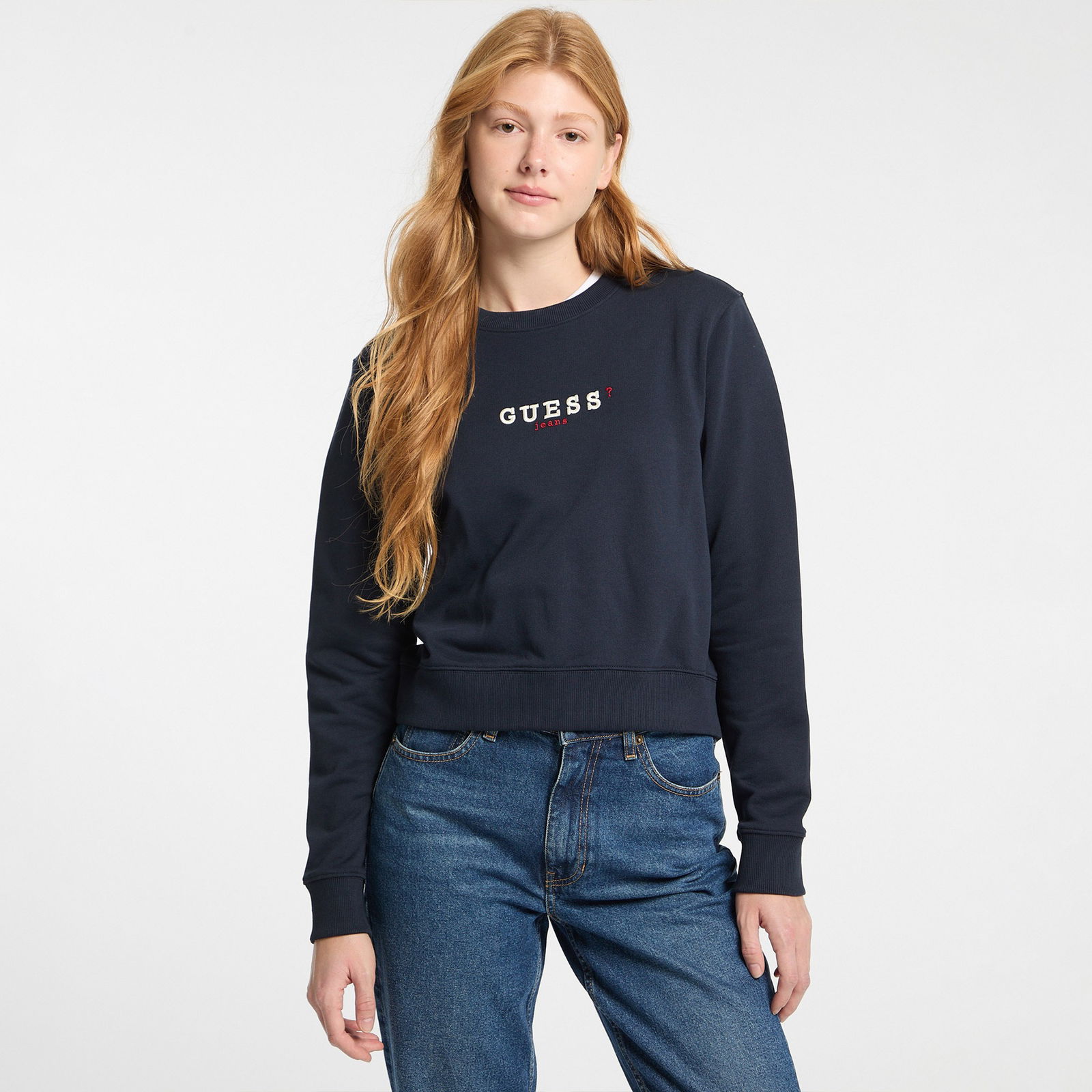 Guess Crop Cn 3D Emb Sw Mid Organic Iconic Fleece Kadın Lacivert Sweatshirt