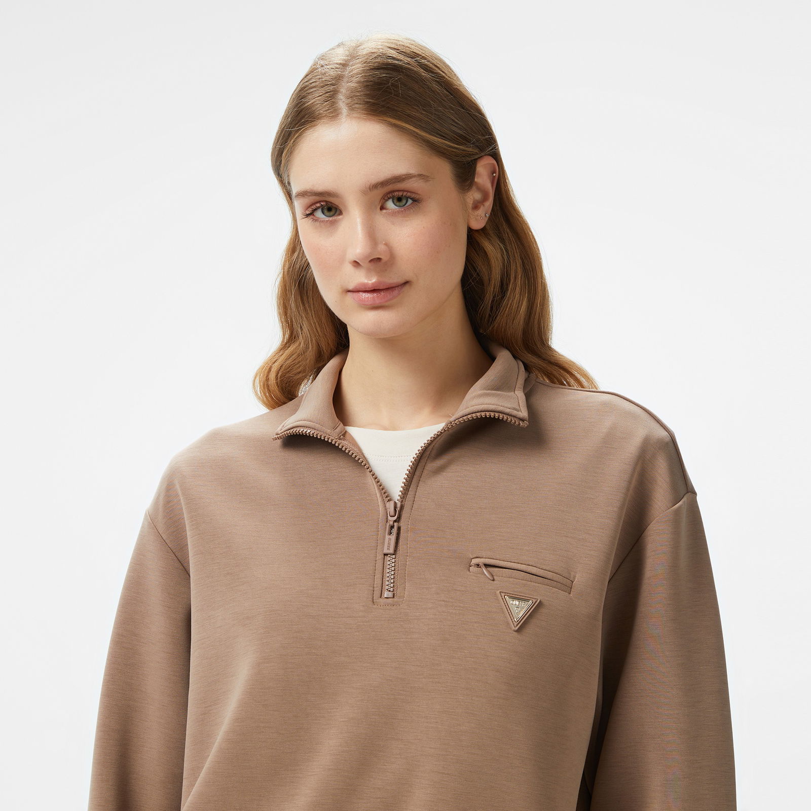 Guess Olympe Half Zip Midweight Scuba Kadın Kahverengi Sweatshirt