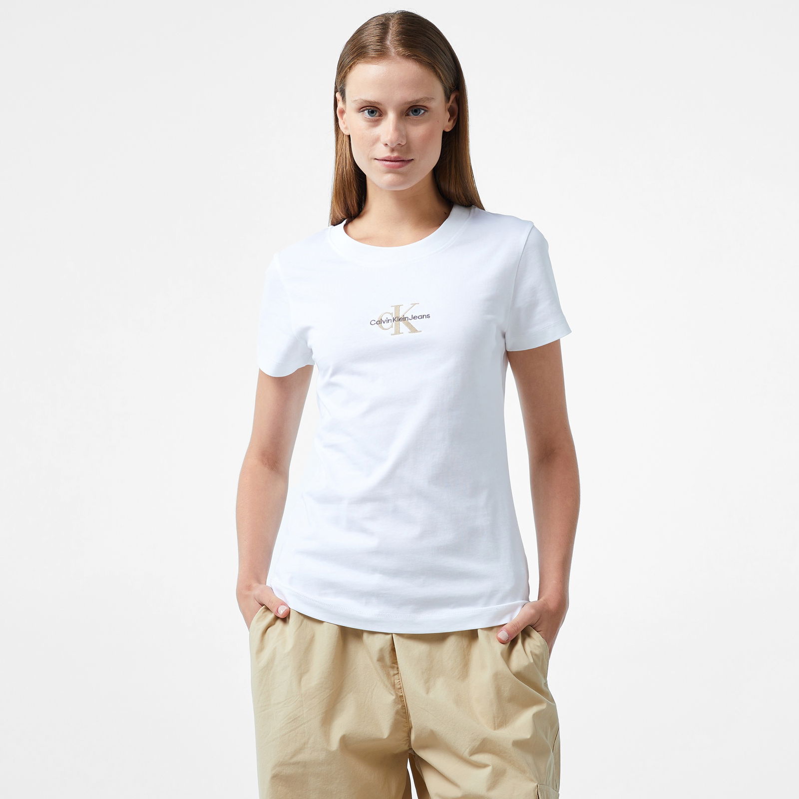 Calvin Klein Jeans Monologo Slim Kadın Beyaz T-Shirt