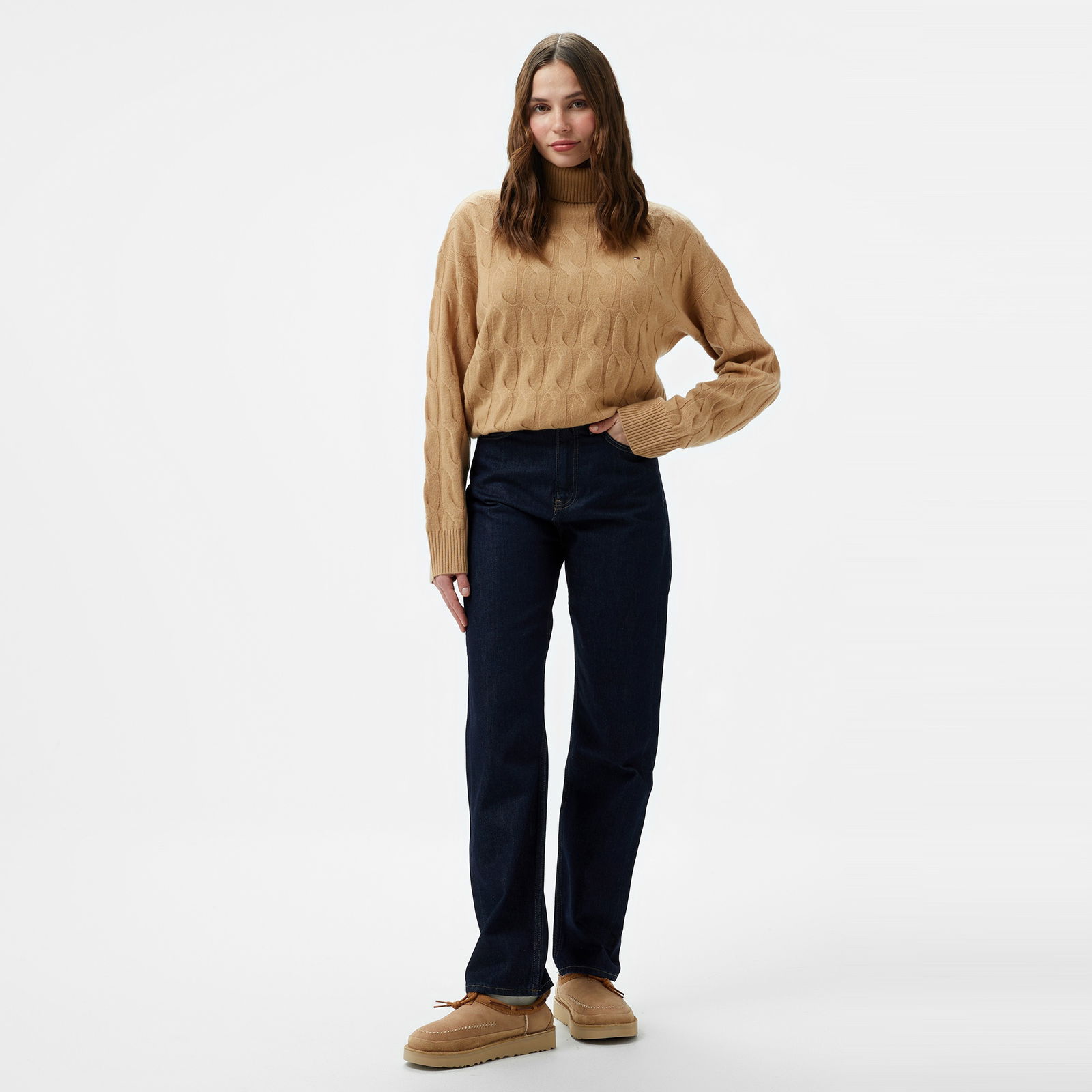Tommy Hilfiger Soft Wool Cable Roll-Nk Kadın Haki Kazak