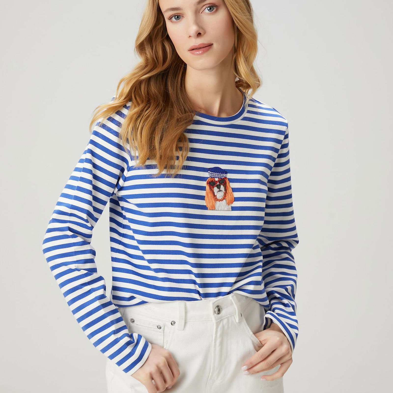 Beymen Club Kadin Mavi Çizgili Köpek Baskılı Sweatshirt