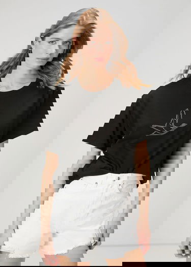  Beymen Club Kadin Siyah Taşlı Kaz Logolu T-shirt