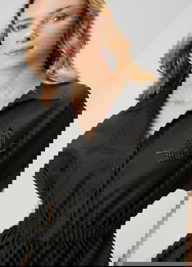  Beymen Club Kadin Siyah Taşlı Logo İşlemeli Mini Gömlek Elbise