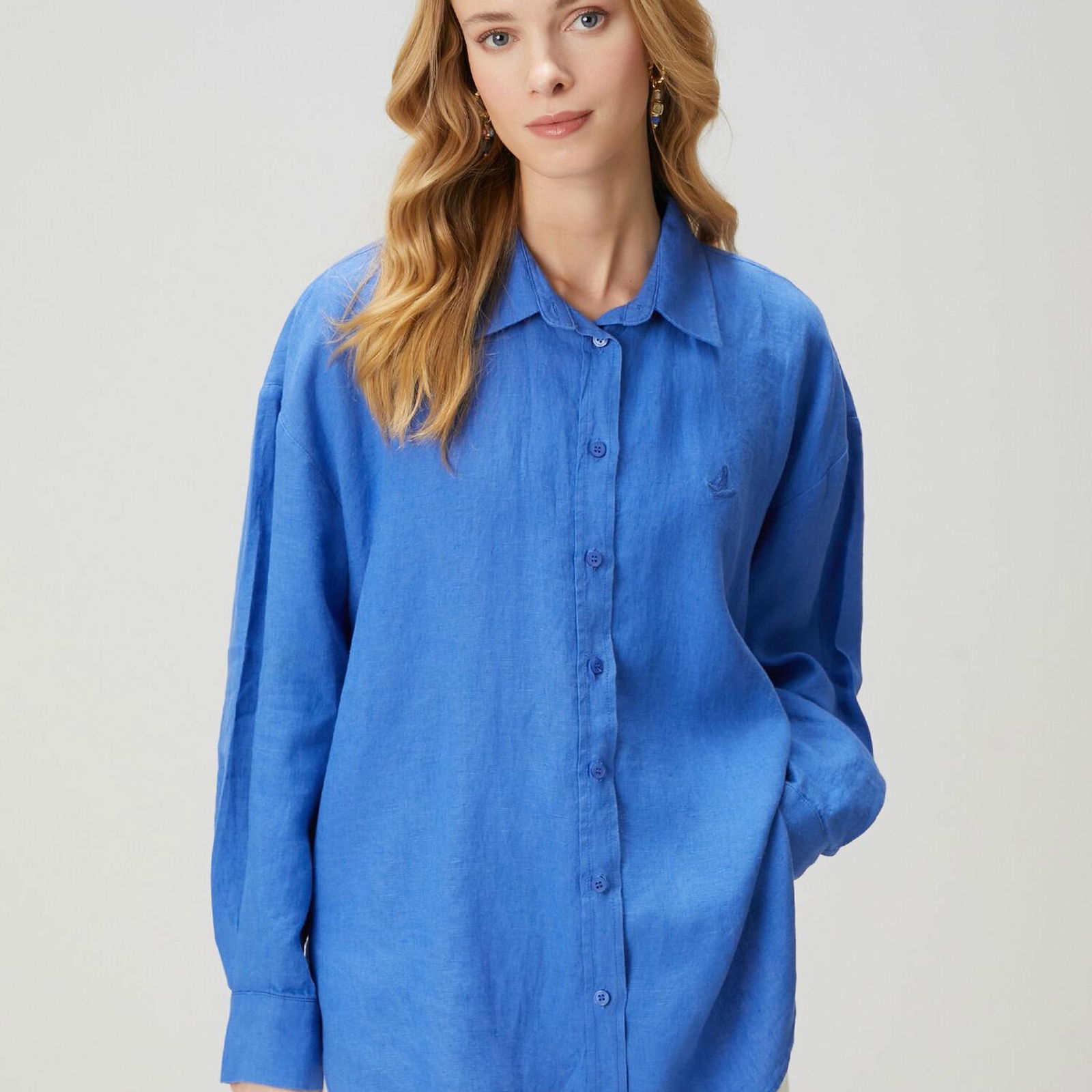 Beymen Club Kadin Oversize Mavi Keten Gömlek