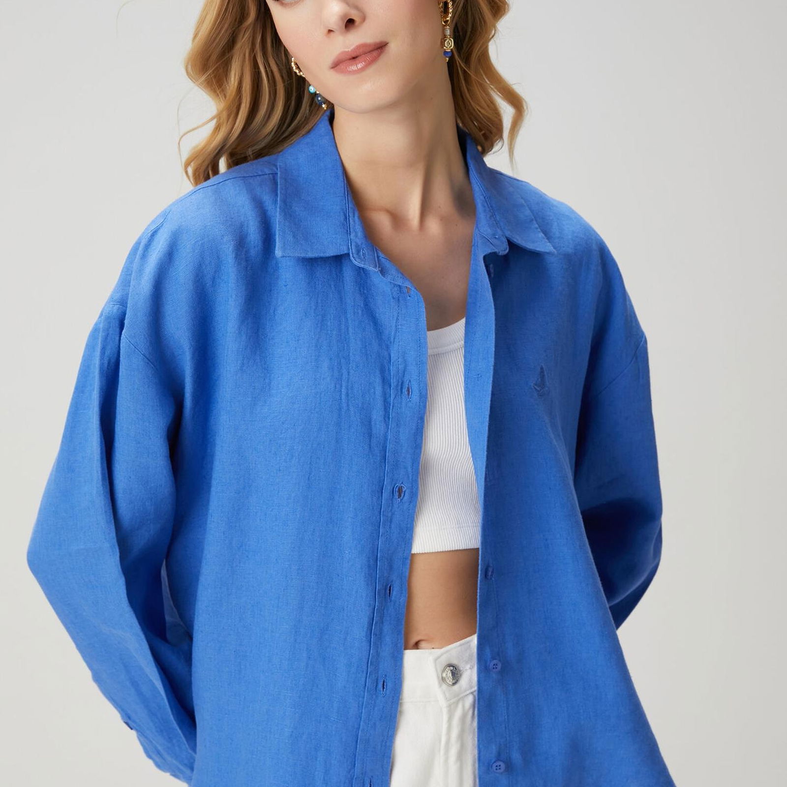 Beymen Club Kadin Oversize Mavi Keten Gömlek