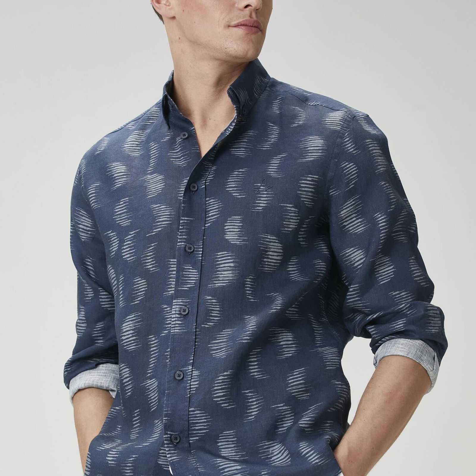 Beymen Club Erkek Comfort Fit Lacivert Yarım Ay Desenli Keten Gömlek