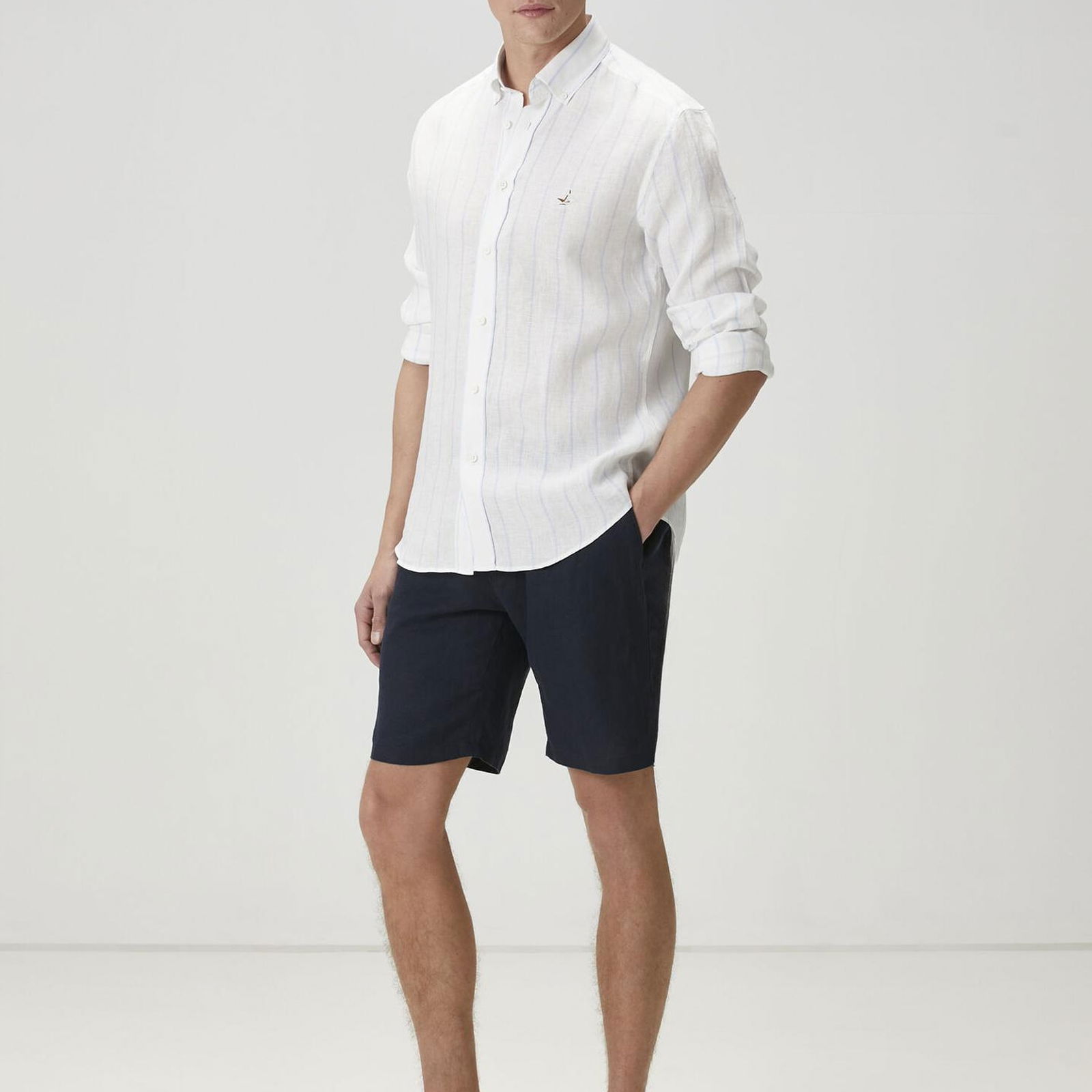 Beymen Club Erkek Comfort Fit Mavi Silik Çizgi Desenli Keten Gömlek