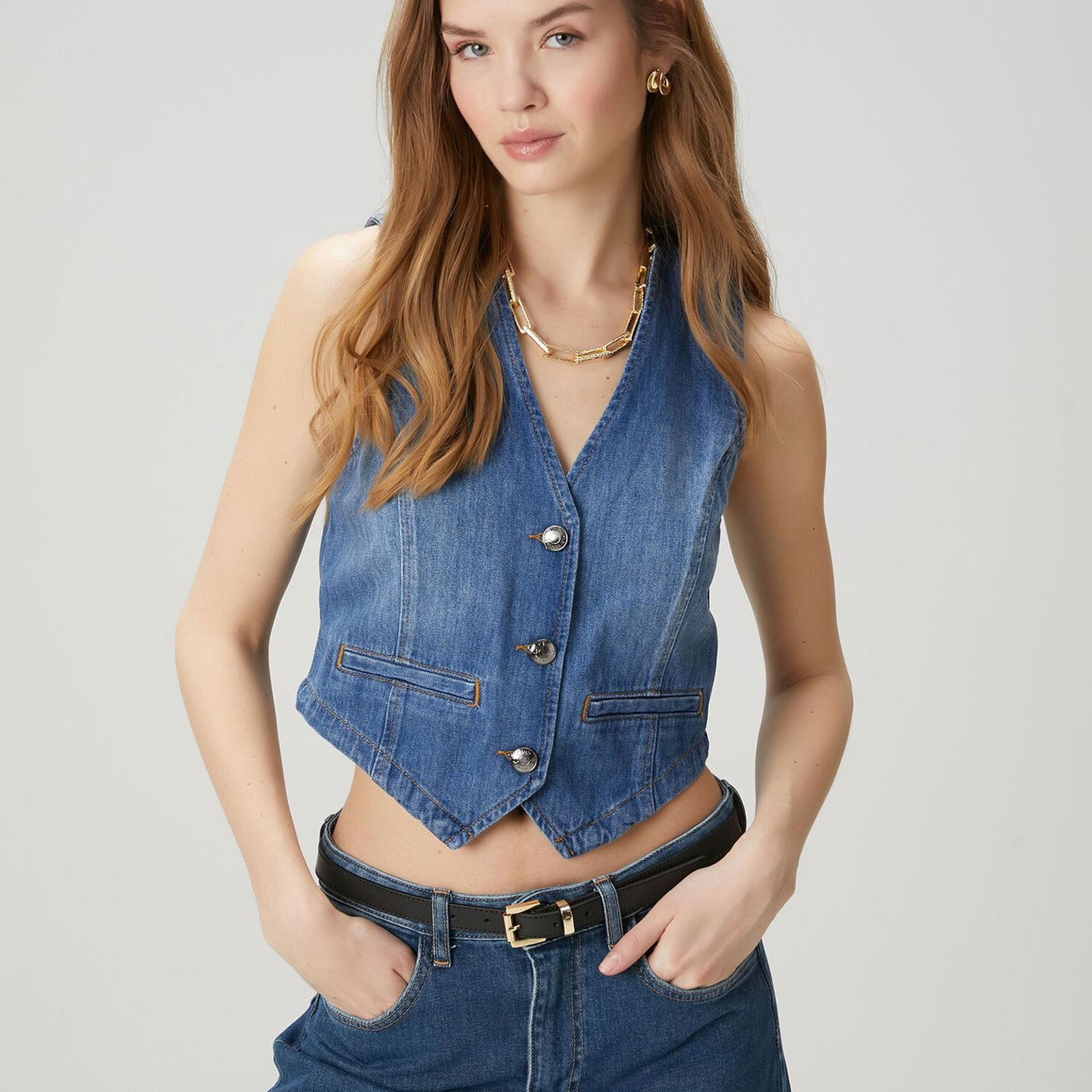Beymen Club Kadin Mavi Crop Denim Yelek