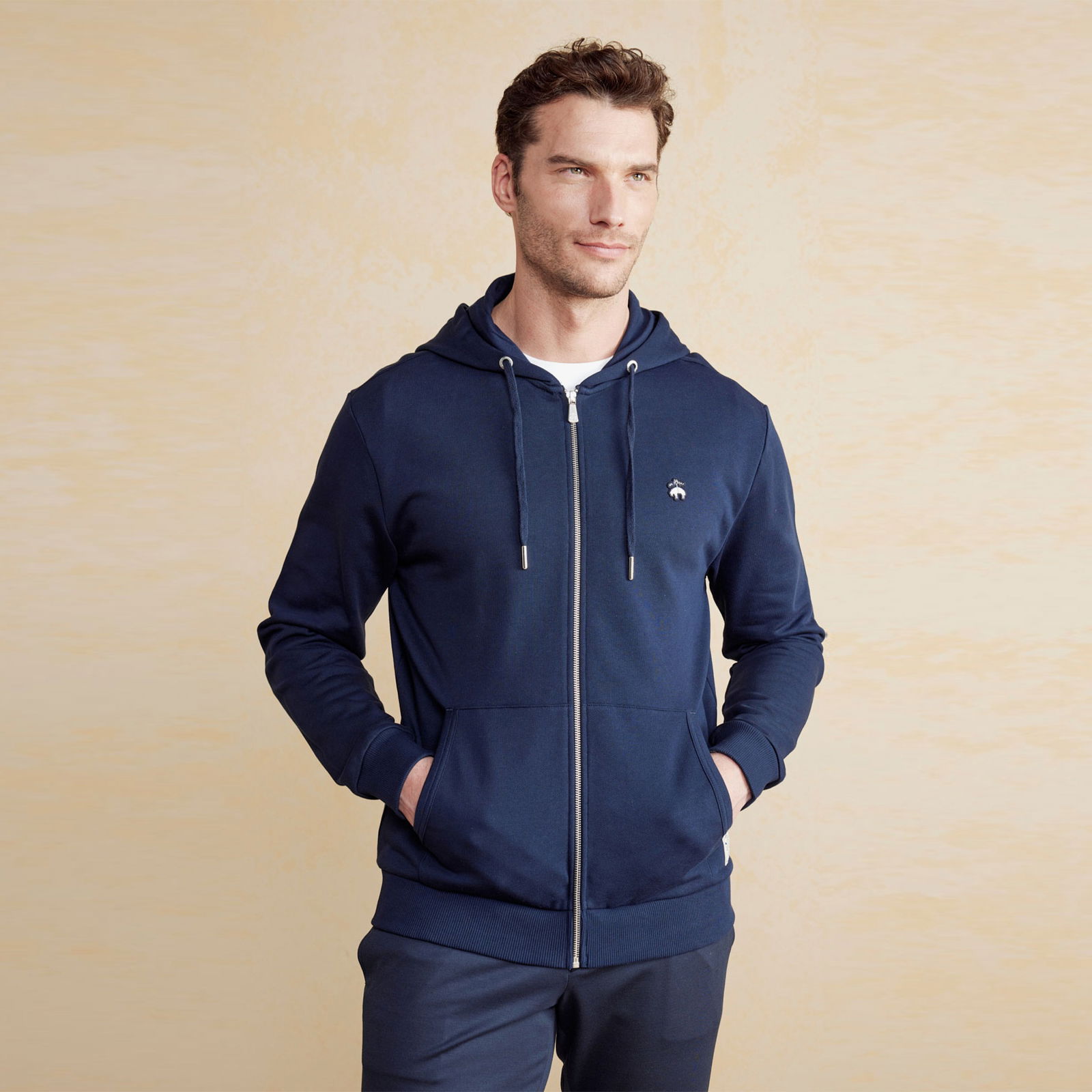 Brooks Brothers Fermuarlı Patchli Hoodie Erkek Lacivert Sweatshirt