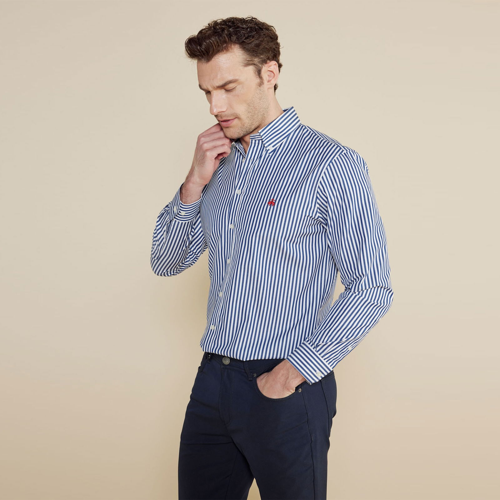 Brooks Brothers Düğmeli Yaka Regular Fit Çizgili Erkek Lacivert Gömlek