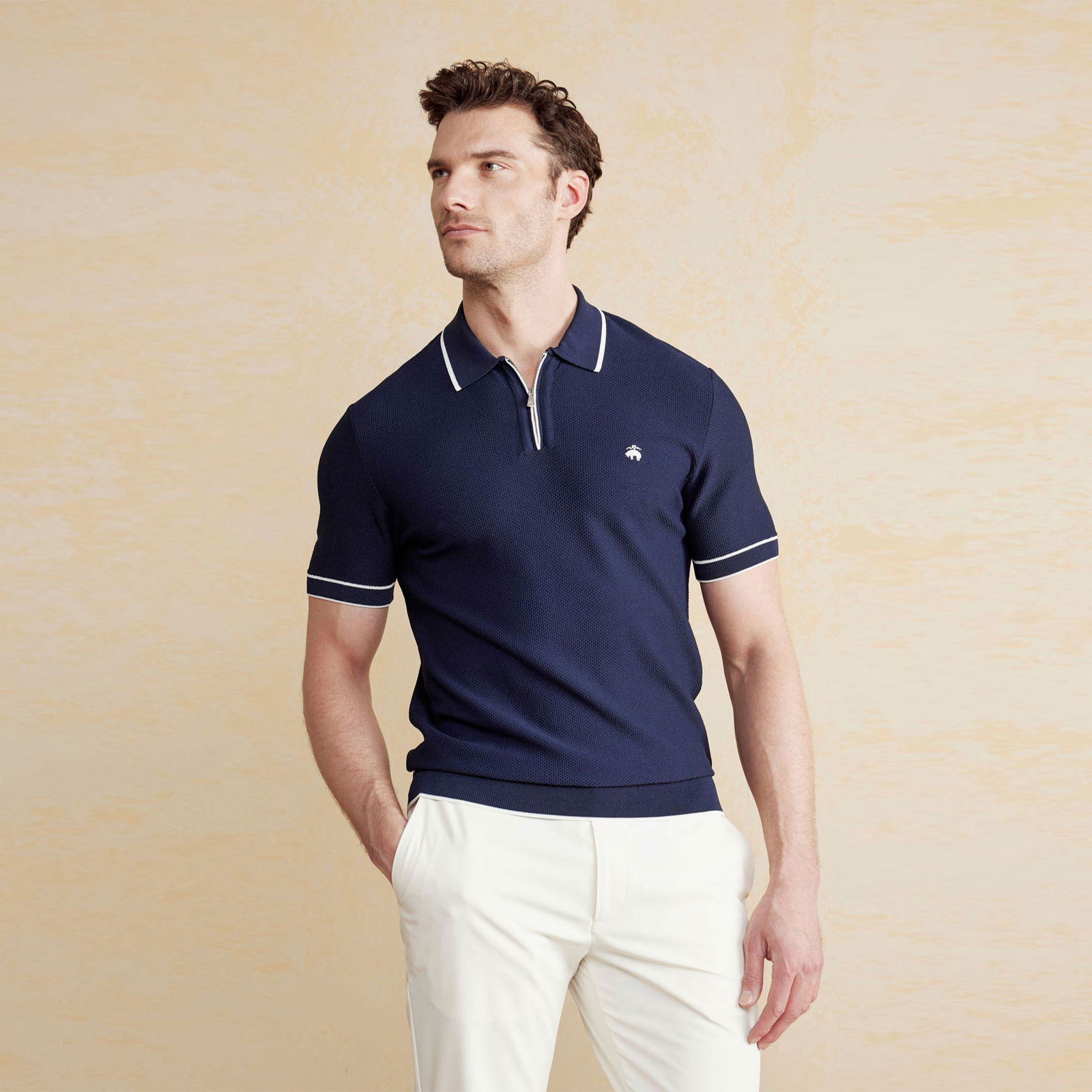 Brooks Brothers Polo Yaka Fermuarlı Petek Örgü Kısa Kol Rayon Erkek Lacivert Kazak