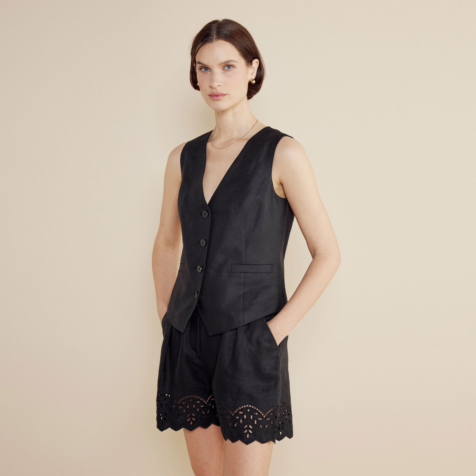 Brooks Brothers %100 Keten Mono Kapama Kadın Siyah Yelek