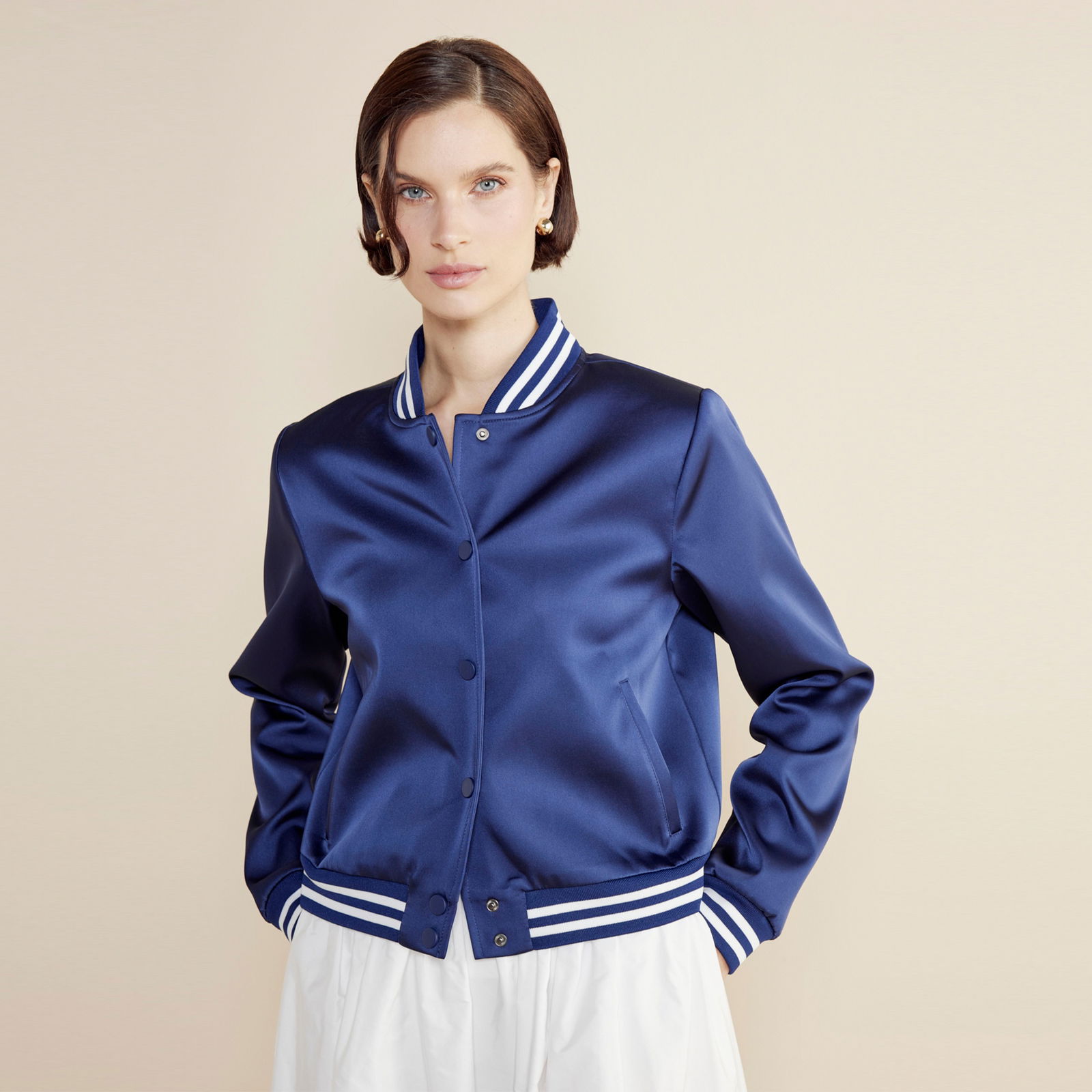 Brooks Brothers Arkası Logo Baskılı Bomber Saten Kadın Lacivert Mont