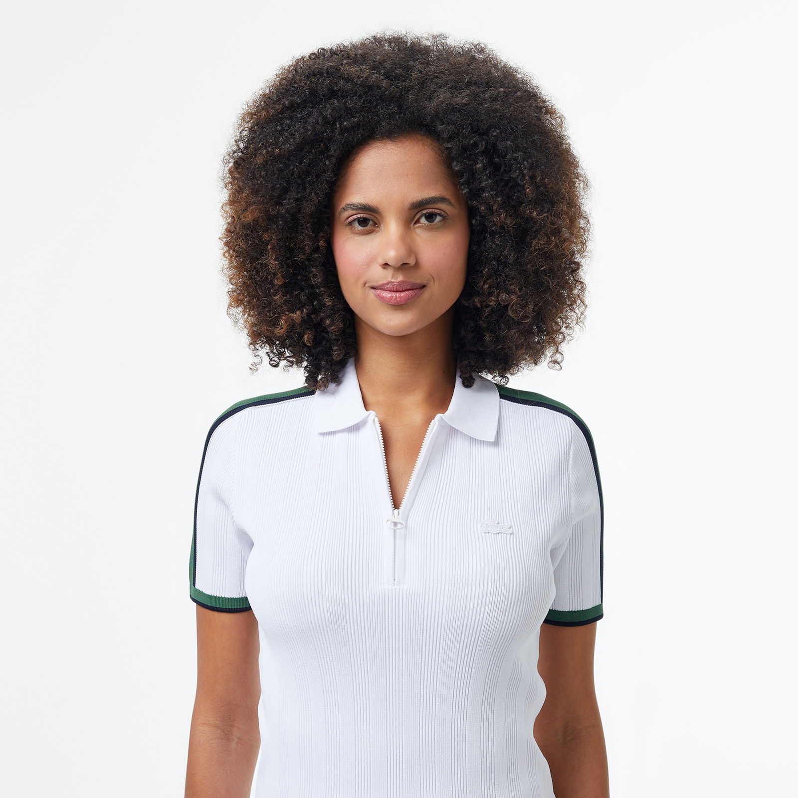 Lacoste Kadın Slim Fit Kısa Kollu Yarım Fermuarlı Beyaz Triko