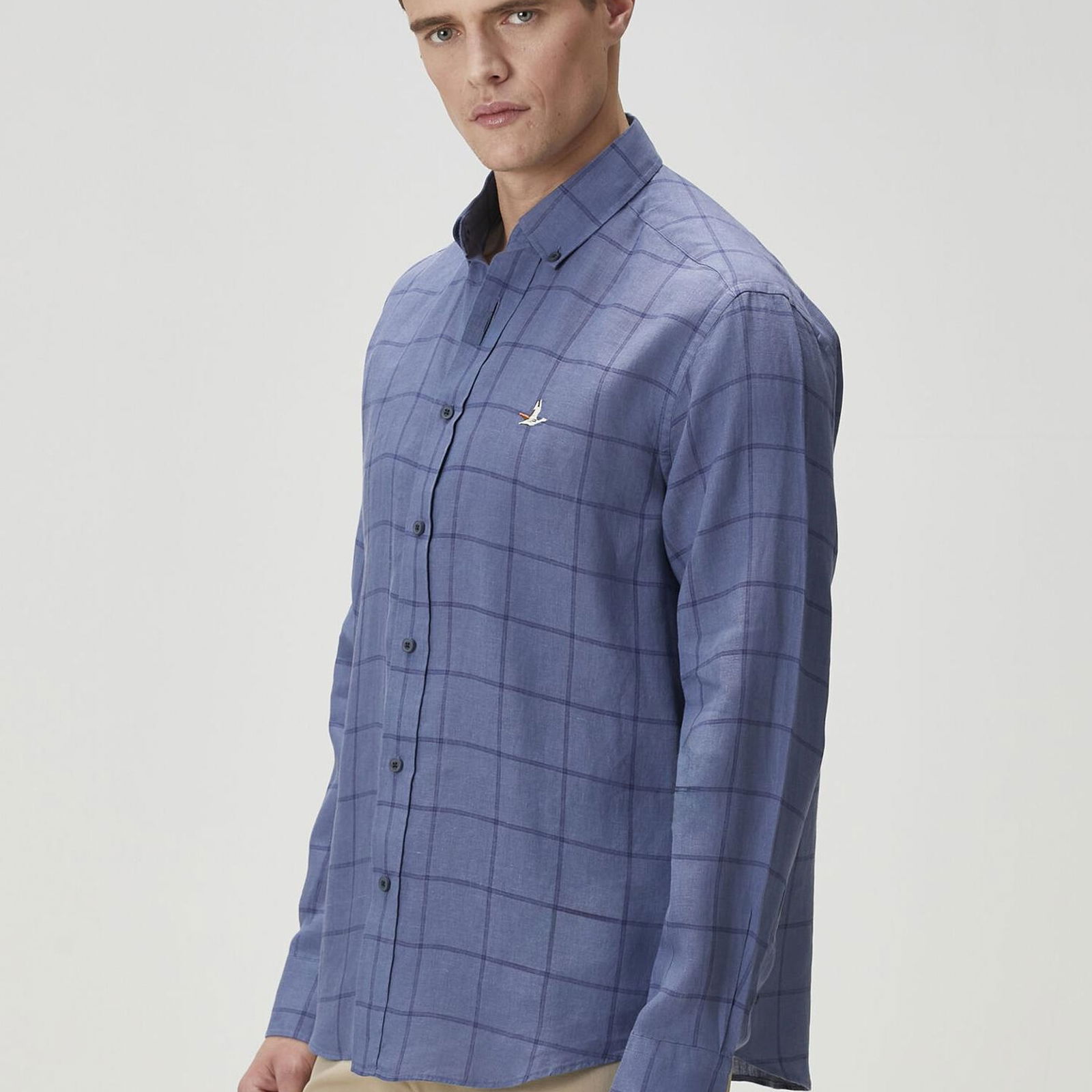 Beymen Club Erkek Comfort Fit Indigo Ekose Desenli Keten Gömlek