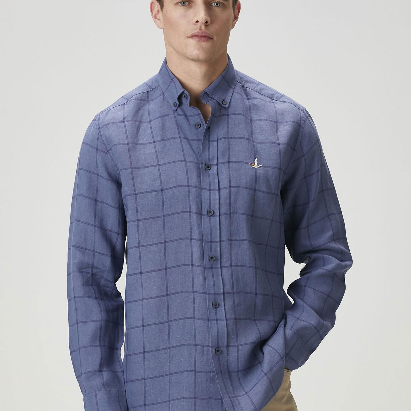 Beymen Club Erkek Comfort Fit Indigo Ekose Desenli Keten Gömlek