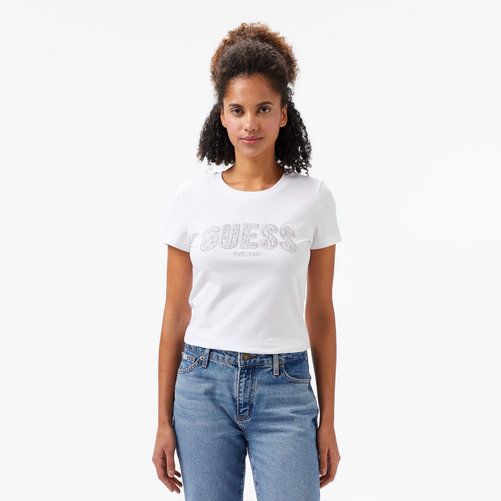 Guess Logo Lace Mid Organic Stretch 180 Kadın Beyaz T-Shirt