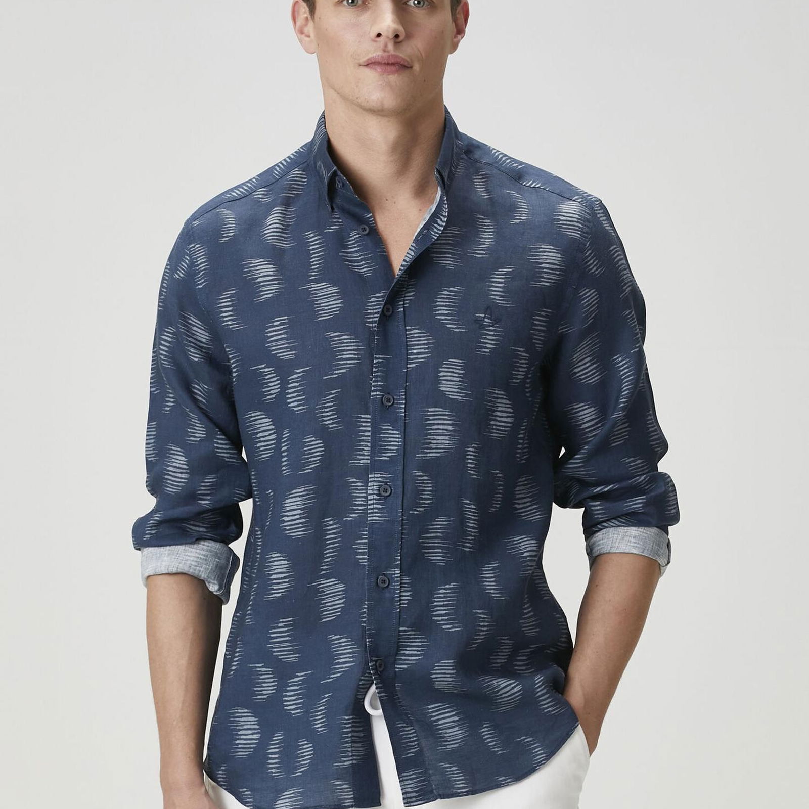 Beymen Club Erkek Comfort Fit Lacivert Yarım Ay Desenli Keten Gömlek