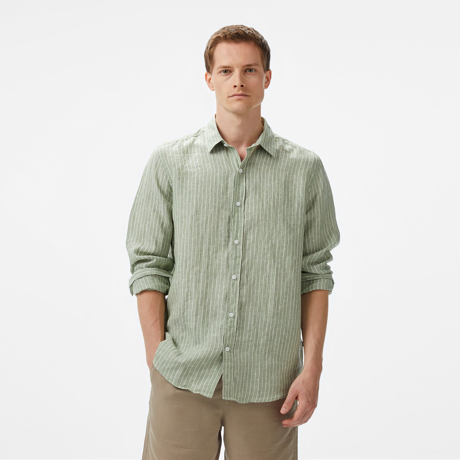 Nautica Erkek Yeşil Classic Fit Çizgili Keten Gömlek