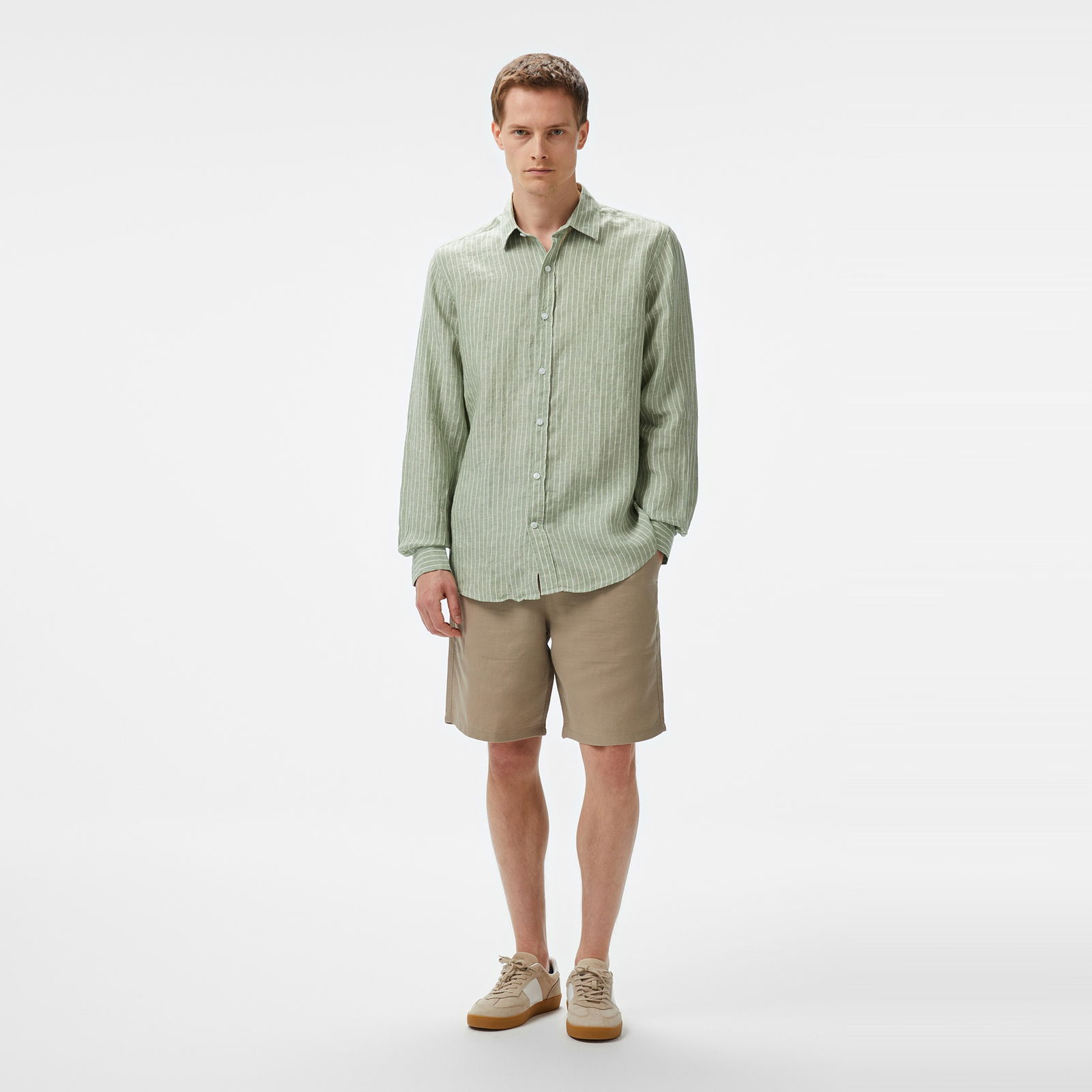Nautica Erkek Yeşil Classic Fit Çizgili Keten Gömlek