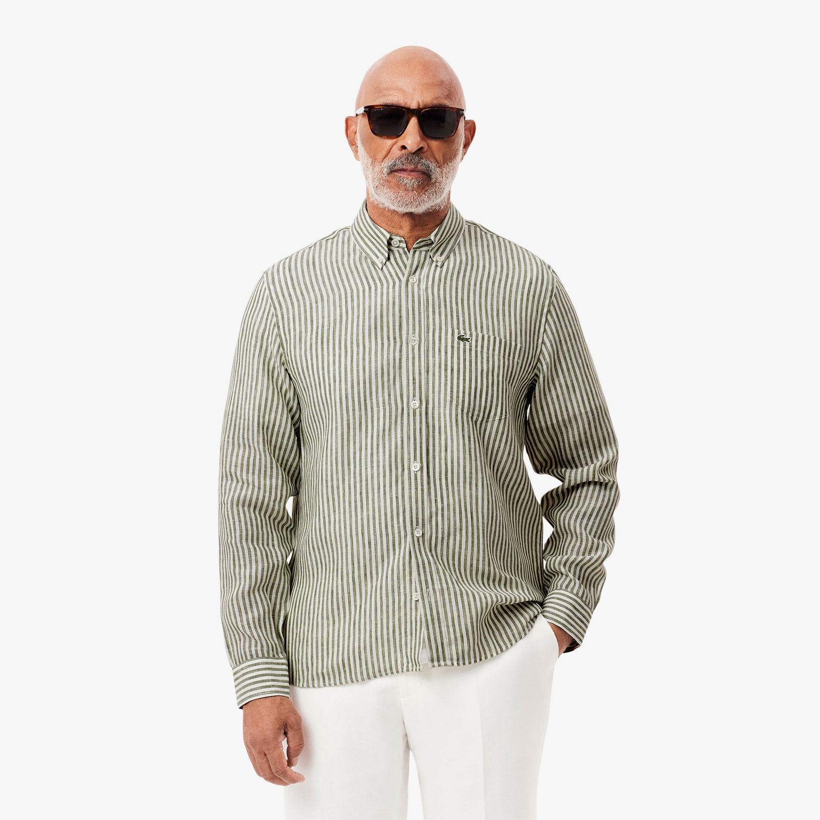 Lacoste Erkek Regular Fit Düğmeli Yaka Çizgili Keten Haki Gömlek