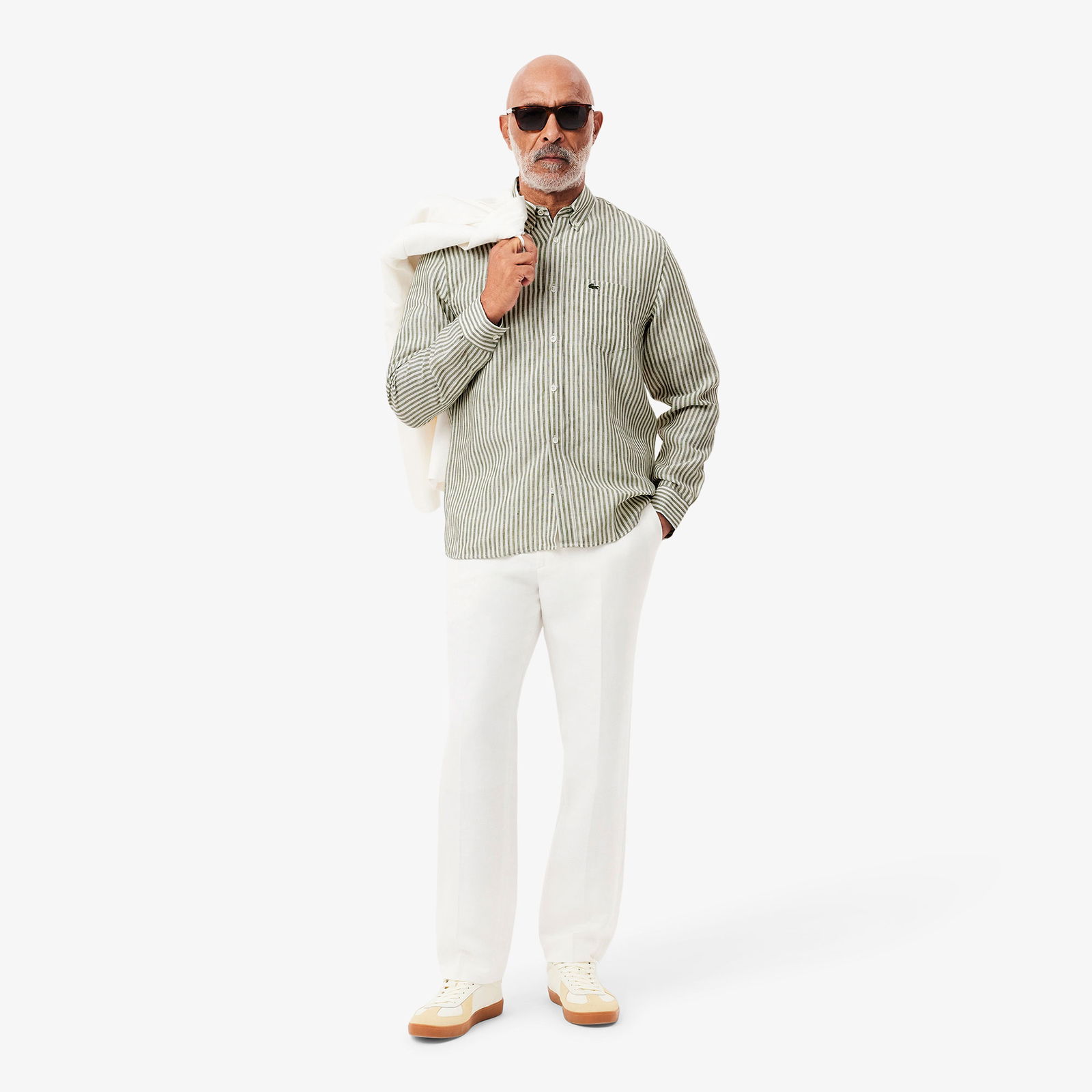 Lacoste Erkek Regular Fit Düğmeli Yaka Çizgili Keten Haki Gömlek