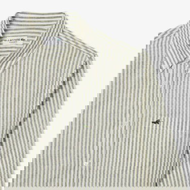  Lacoste Erkek Regular Fit Düğmeli Yaka Çizgili Keten Haki Gömlek