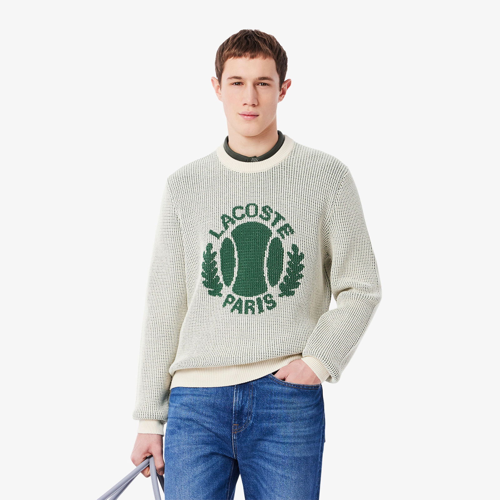 Lacoste Erkek Bisiklet Yaka Desenli Krem Triko