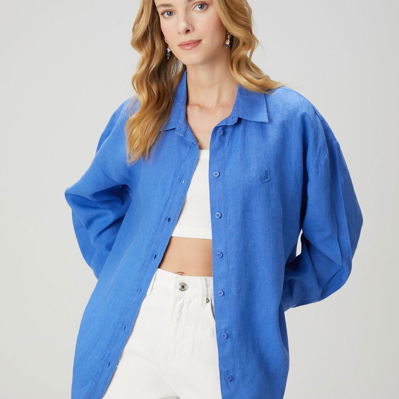 Beymen Club Kadin Oversize Mavi Keten Gömlek